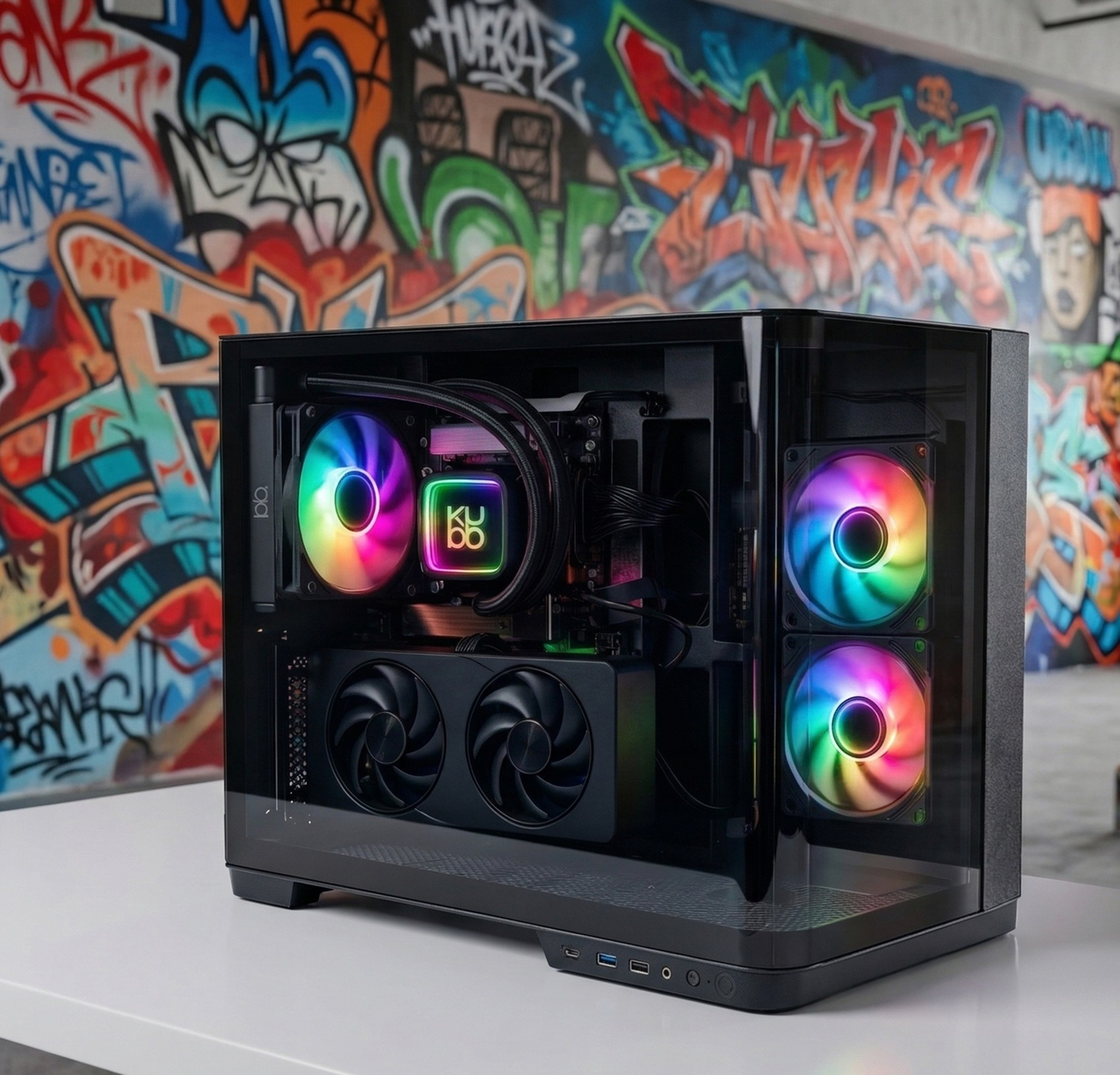Czarny komputer gamingowy z wentylatorami RGB przed kolorową ścianą z graffiti.