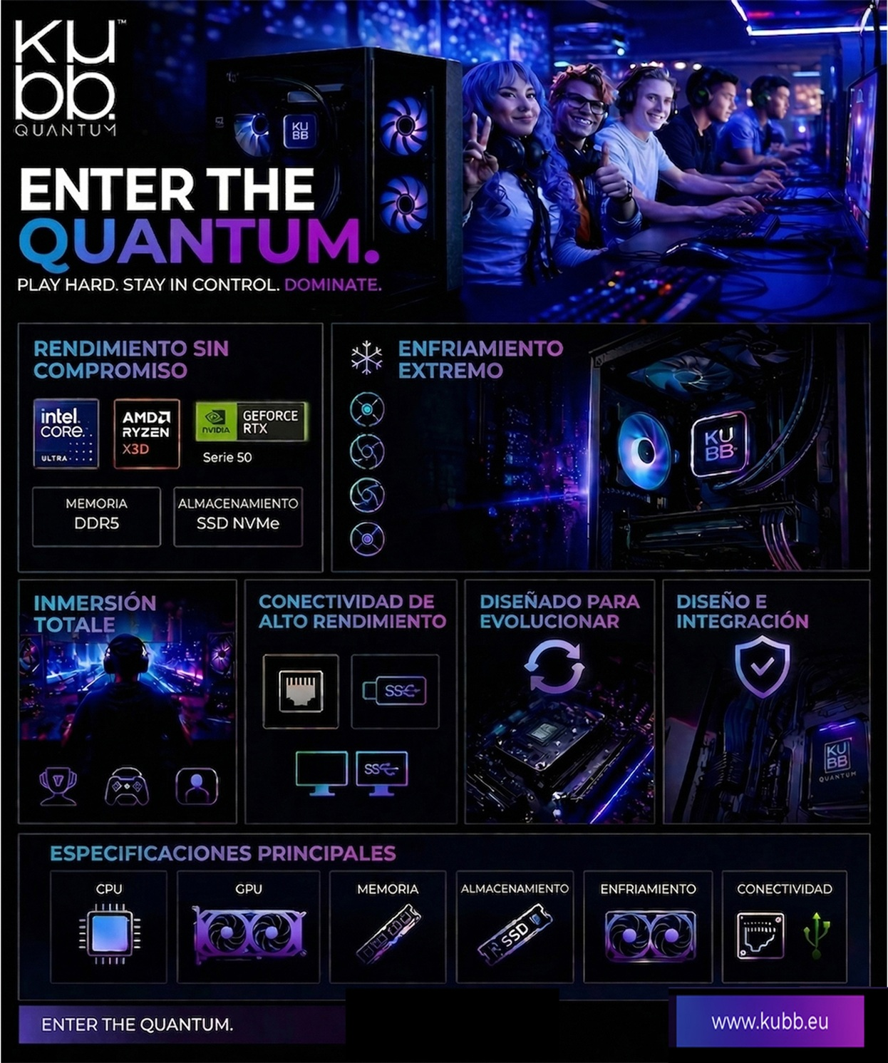 Un PC gaming con ventiladores RGB, jugadores al fondo y especificaciones.