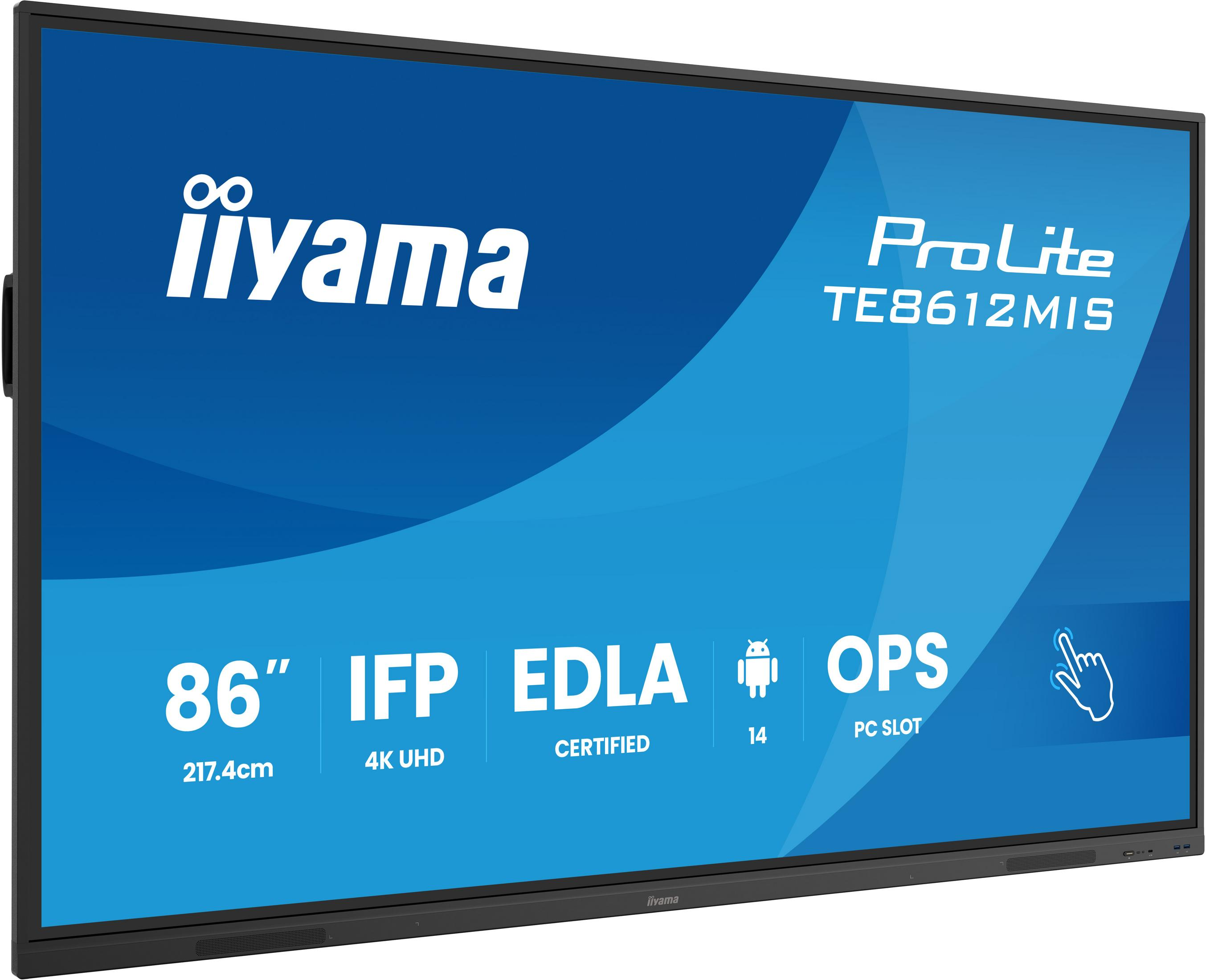 Una gran pantalla táctil iiyama de 86 pulgadas con marca ProLite TE8612MIS.