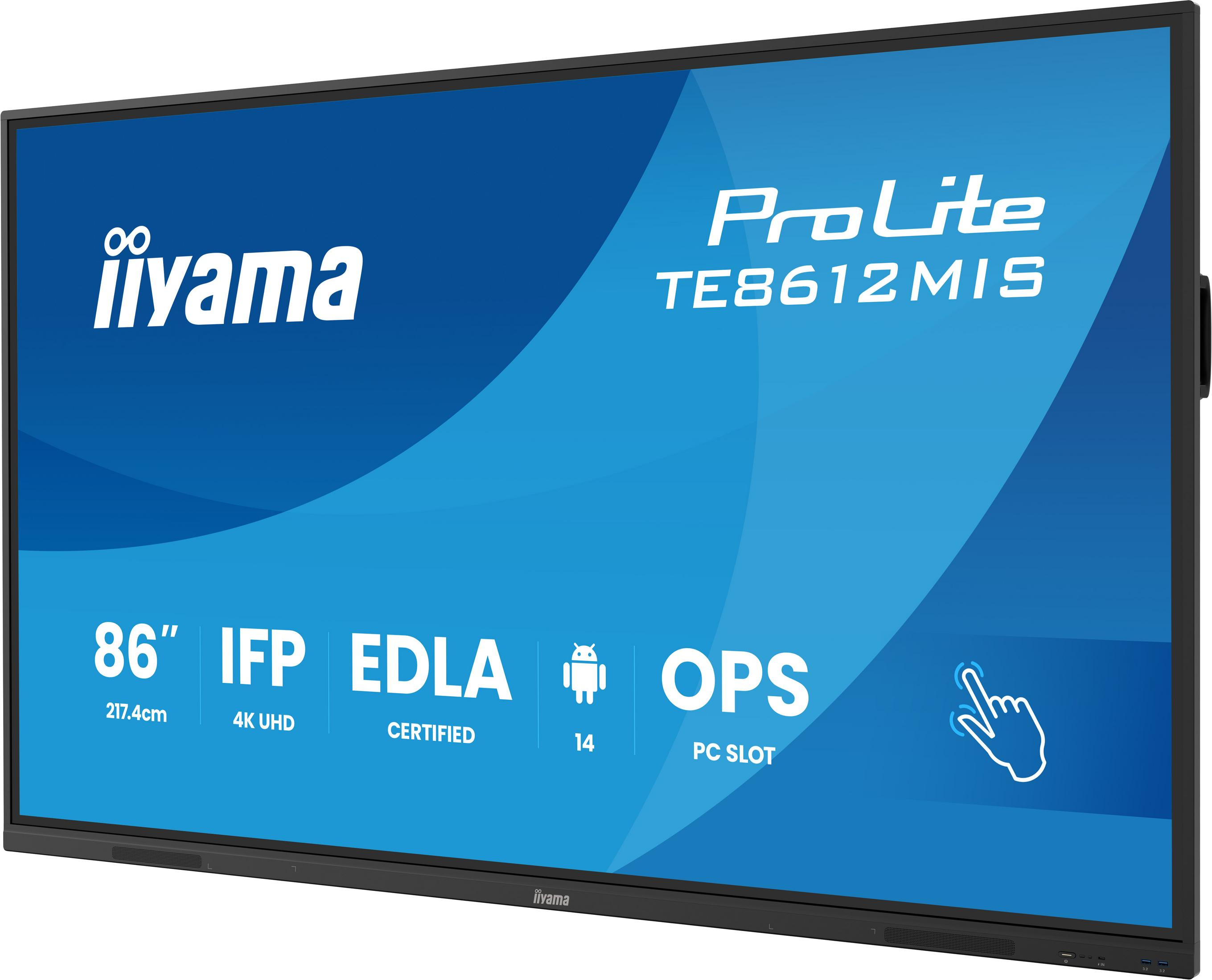 Una gran pantalla Iiyama ProLite IFP de 86 pulgadas con Android y ranura OPS.