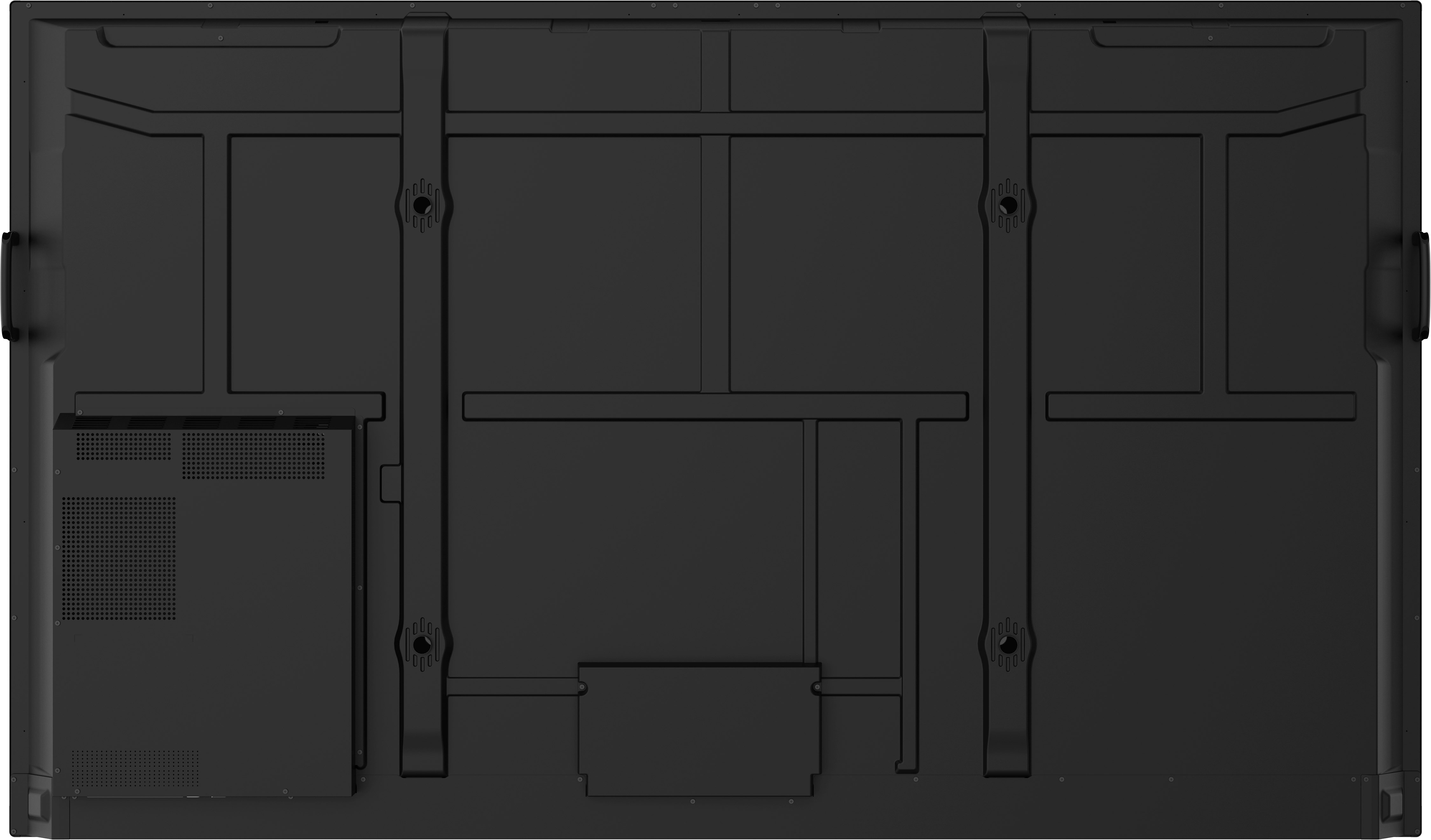 Parte trasera de un televisor negro con rejillas de ventilación y puntos de montaje.