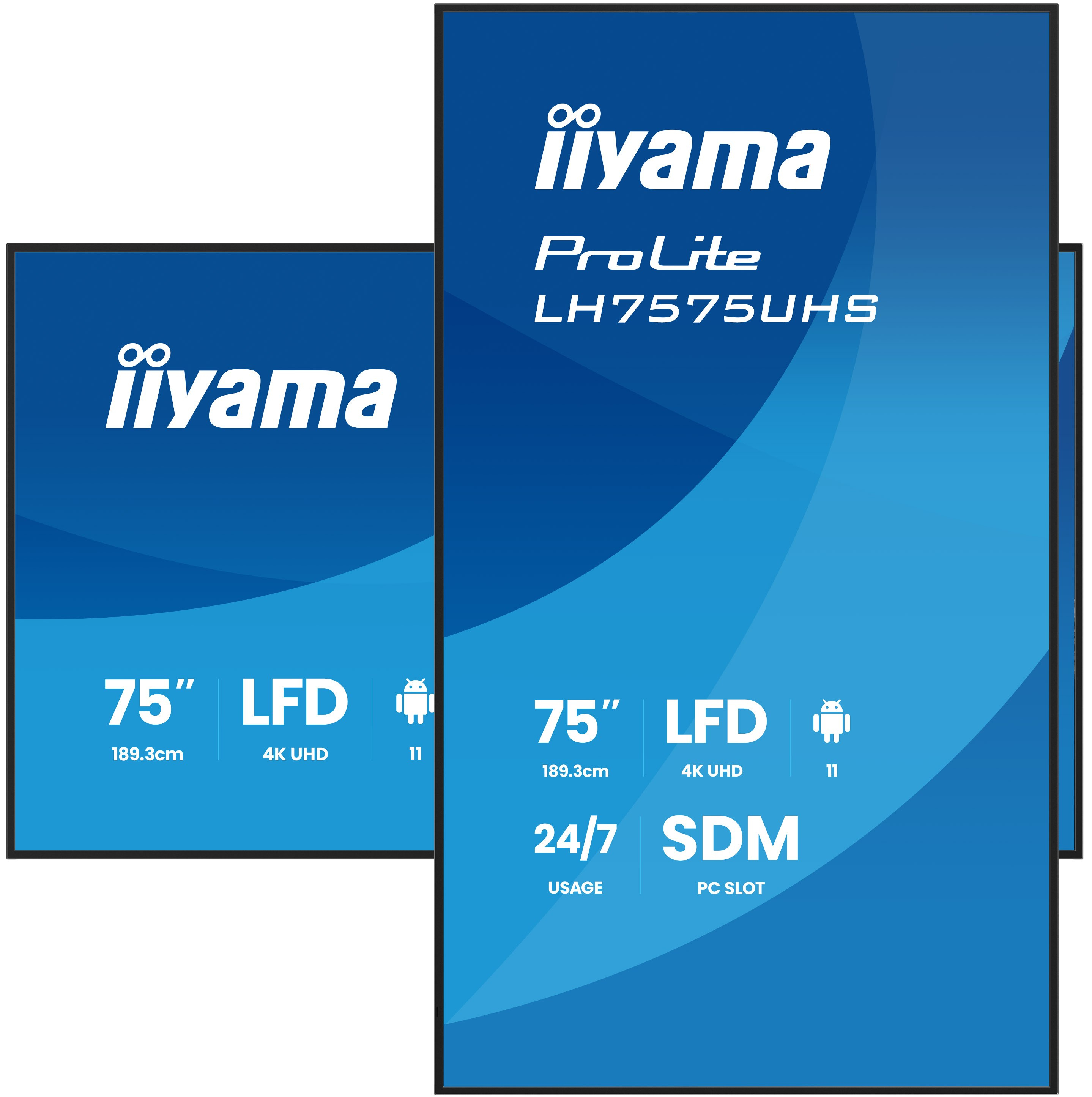 Dwa monitory iiyama, jeden większy i jeden mniejszy, z niebieską grafiką i detalami produktu.