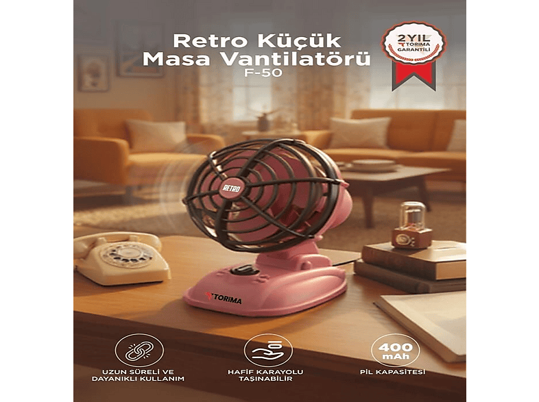 TORIMA Şarjlı Vintage Retro Tasarım 400 Mah Taşınabilir F50 Masaüstü Vantilatör Yeşil