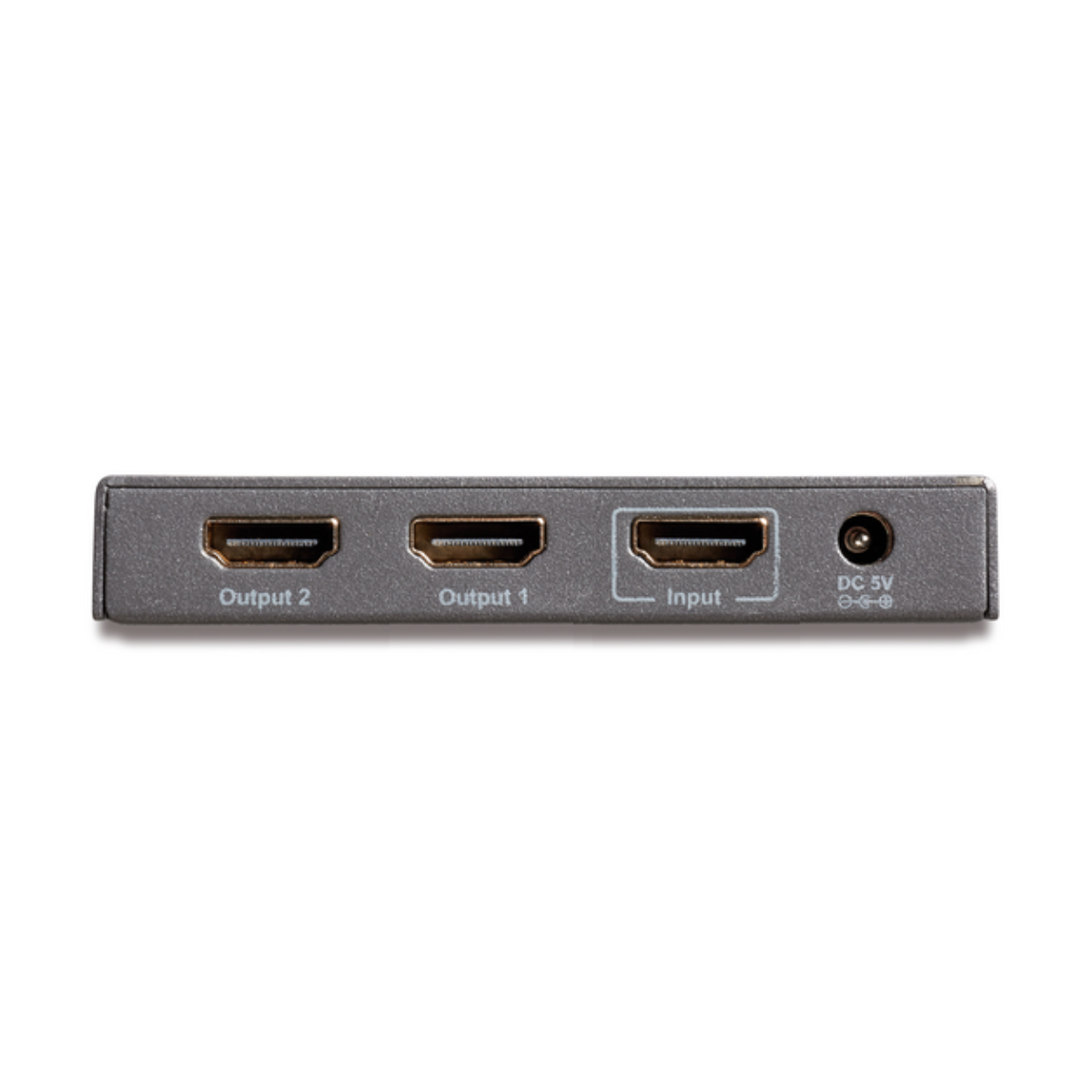Grauer HDMI-Splitter mit zwei Ausgängen und einem Eingang, DC 5V Anschluss.