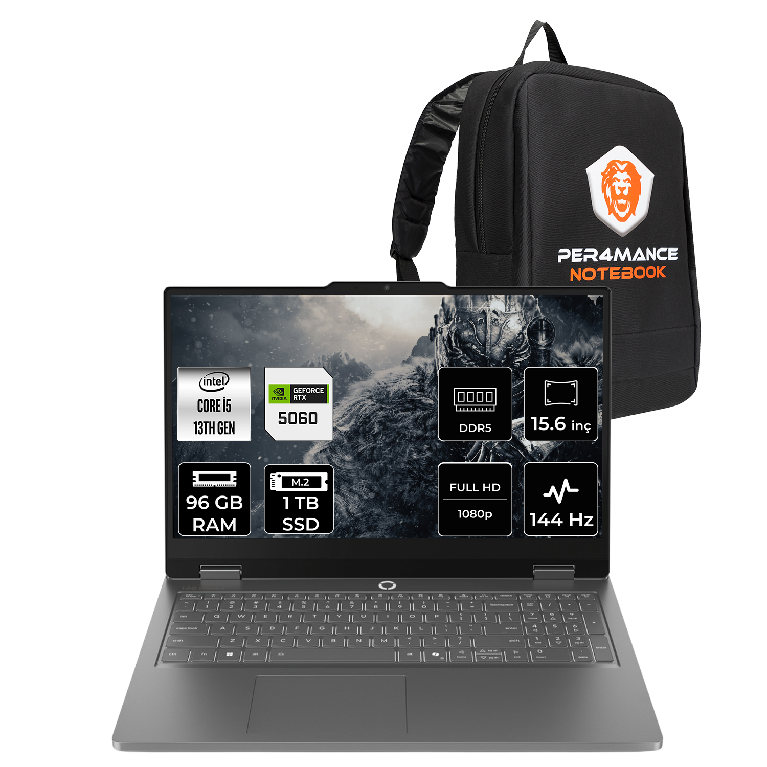96 GB RAM ve 1 TB SSD'li gri dizüstü bilgisayar, yanında aslan logolu siyah sırt çantası.