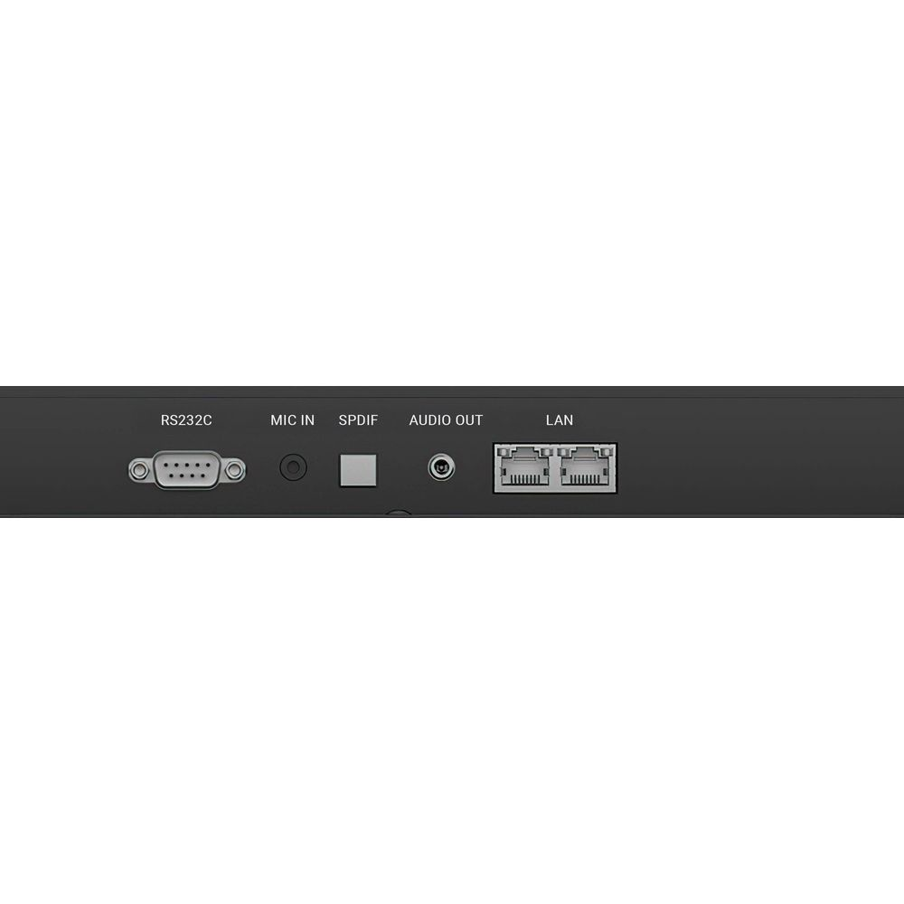 Tył urządzenia z portami: RS232C, wejście mikrofonowe, SPDIF, wyjście audio i LAN.