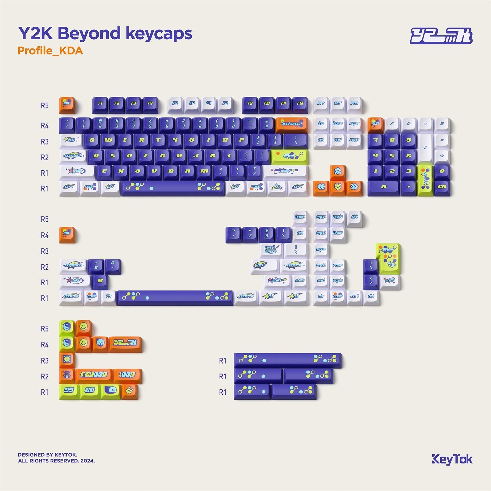 Una collezione di keycaps ispirati Y2K in vari colori e design.