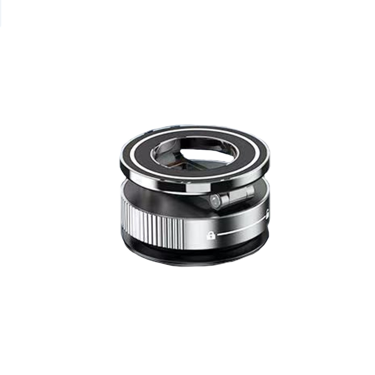 Ein schwarzer Zylinder mit silbernen Ringen und Rillen.
