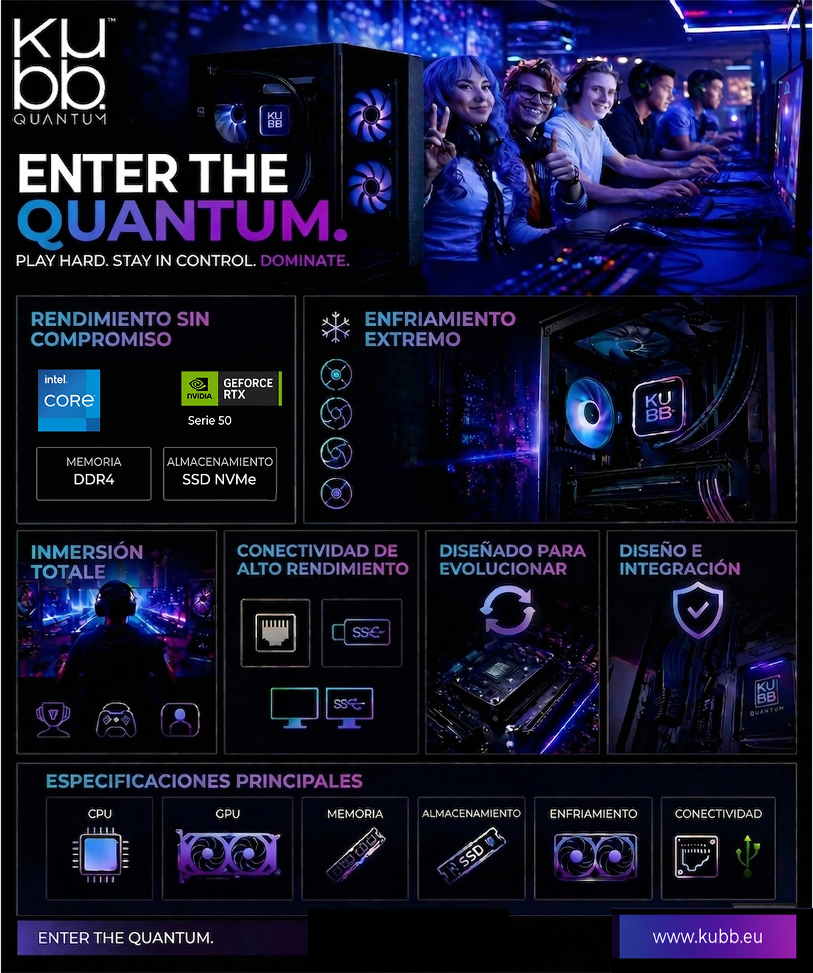 Werbeplakat für einen Gaming-PC mit Spielern, Komponenten und dem Slogan "Enter the Quantum."