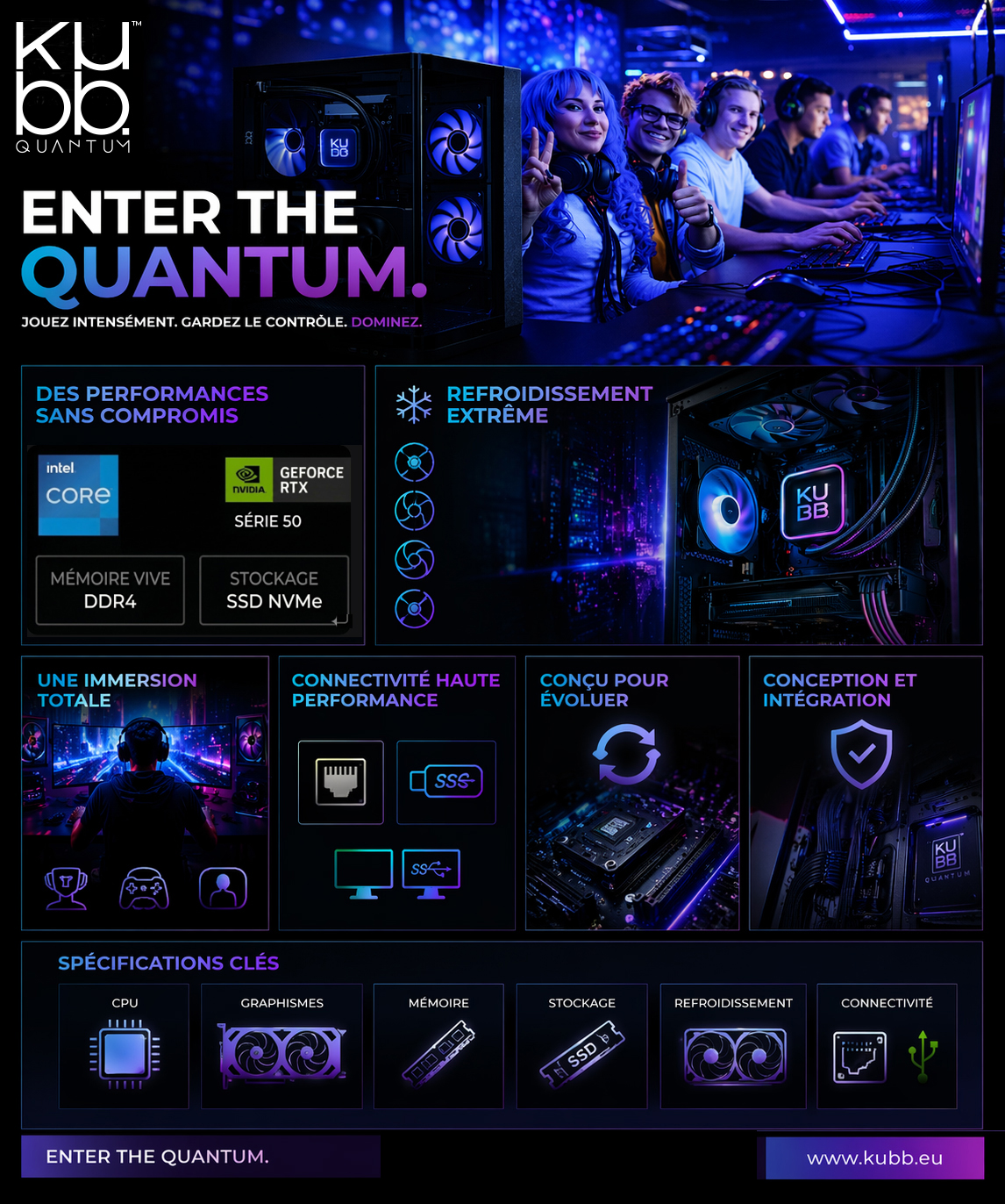 Un PC gaming con iluminación RGB, flanqueado por gamers y especificaciones.