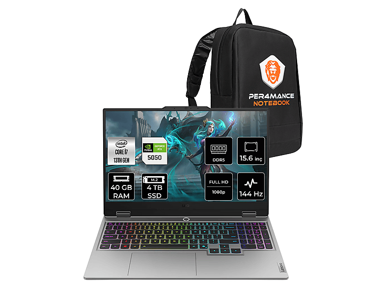 LENOVO LOQ i7 13700HX RTX5050/8GB FHD 83JE00WGTRP325 Intel Core i7-13700HX 40 GB RAM 4 TB SSD 15,6 inç FreeDOS Laptop + Çanta Luna Grey