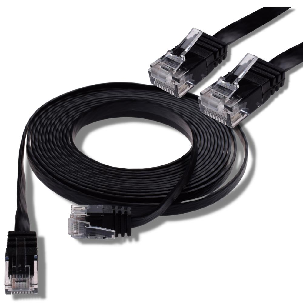 Siyah düz ethernet kablosu sarılı, üç adet RJ45 konektör görünür.