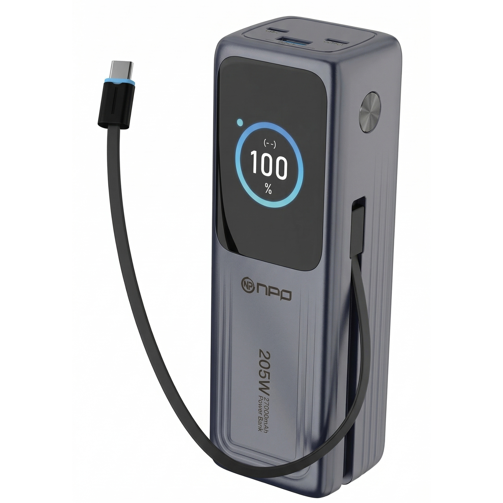 Kablolu gri powerbank, %100 şarj ve bağlantı noktalarını gösterir.