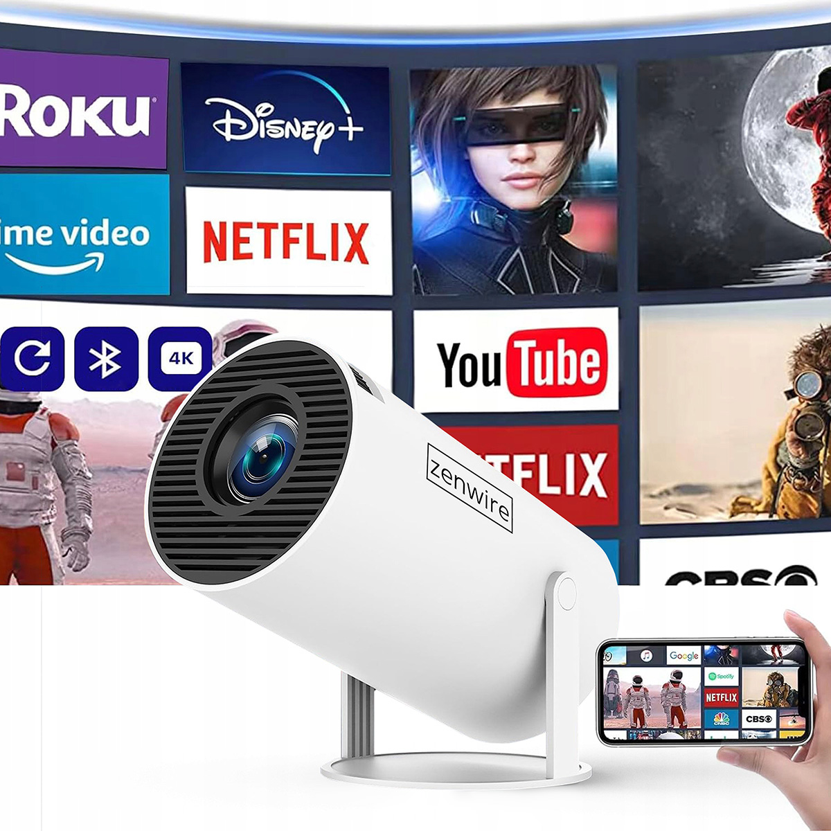 Biały projektor przed ekranem z logo aplikacji streamingowych i smartfonem.