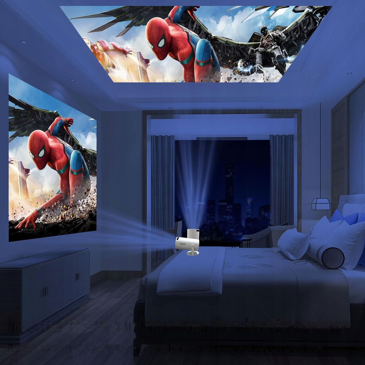Projektor wyświetla scenę Spidermana na ścianie i suficie w ciemnej sypialni z łóżkiem.