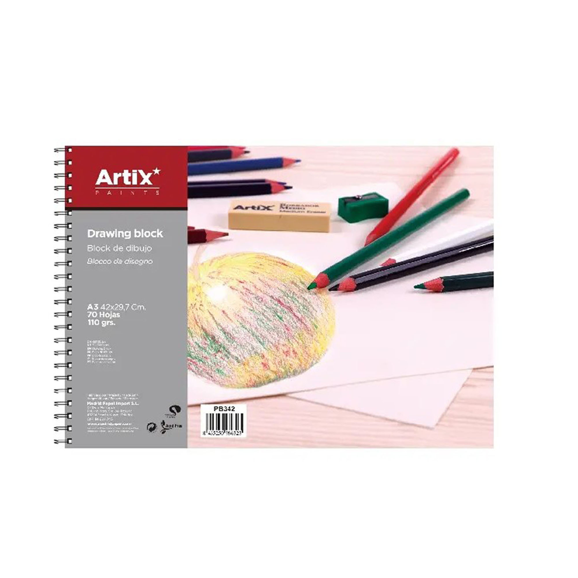 Blocco da disegno Artix con matite colorate, gomma e temperamatite su carta.