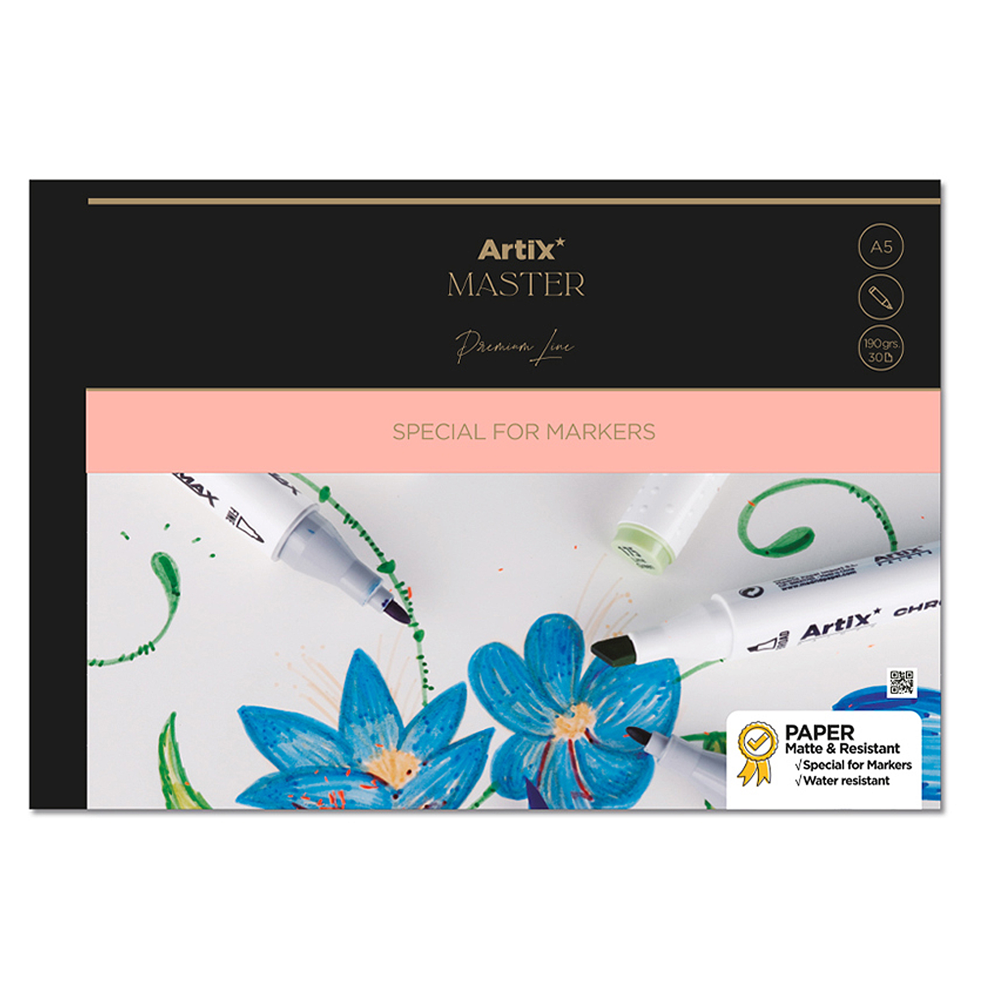 Carta Artix Master con pennarelli che dipingono fiori blu.