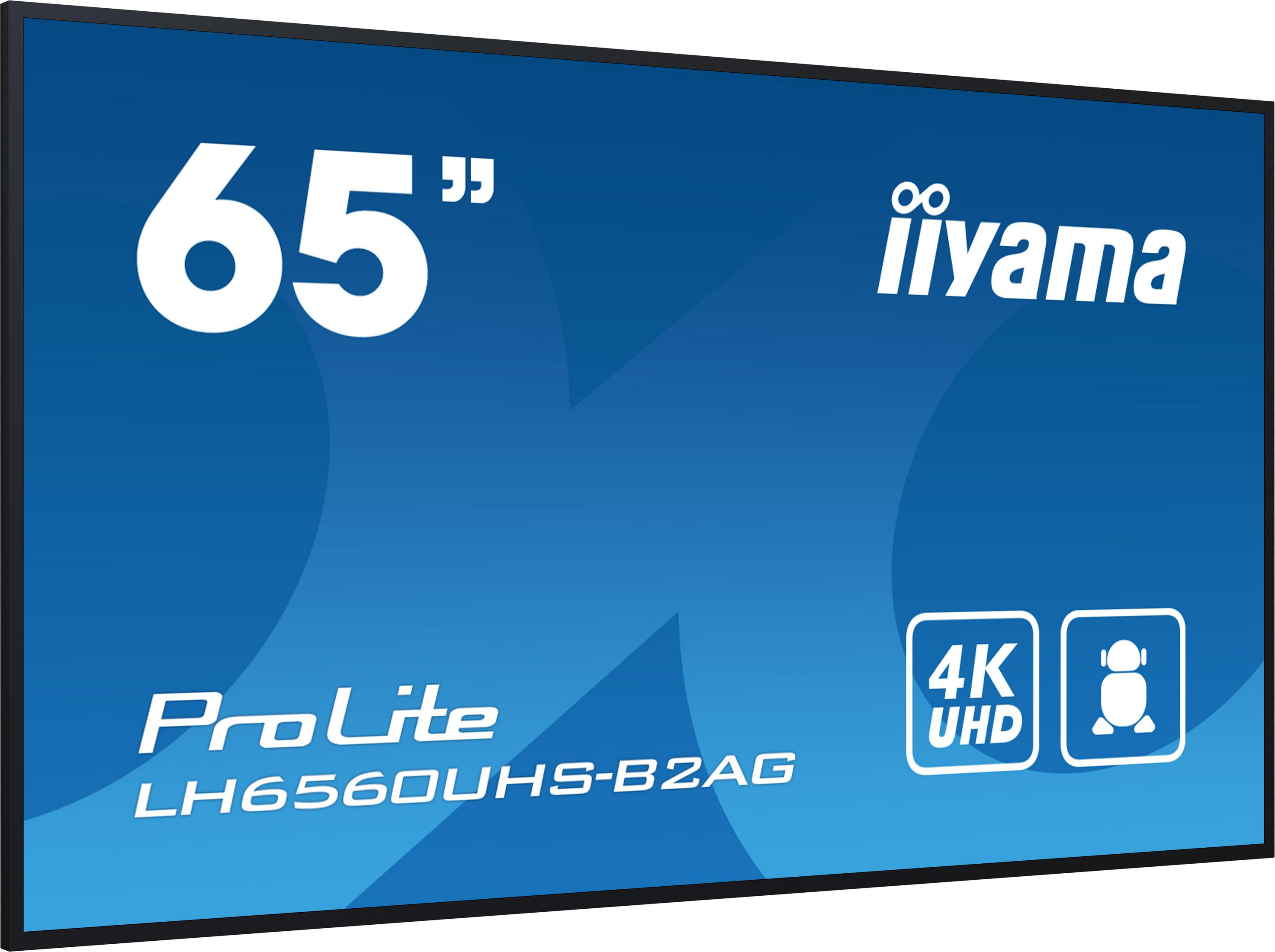 Monitor 65 cali z napisem 'ProLite LH6560UHS-B2AG' i 4K UHD.