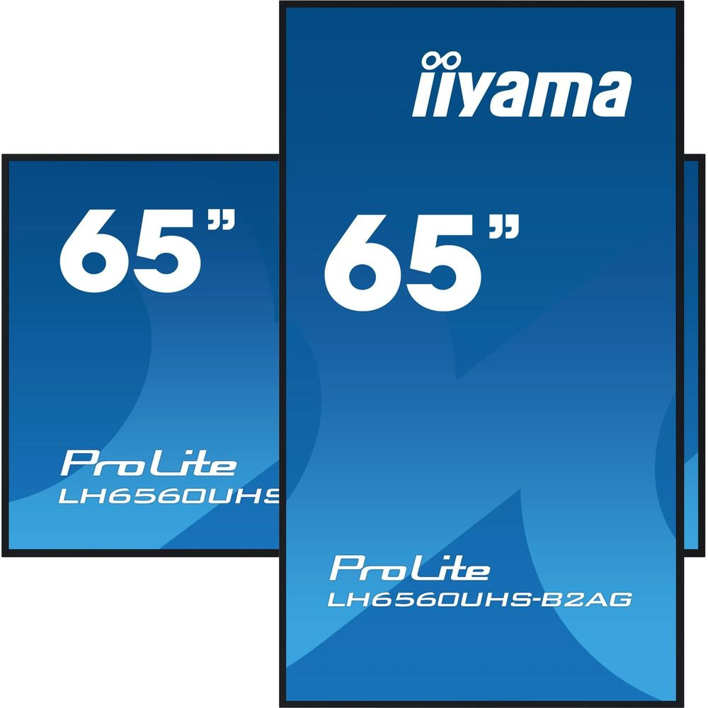 Dwa niebieskie ekrany z białym napisem 65" i numerami modeli, logo Iiyama.