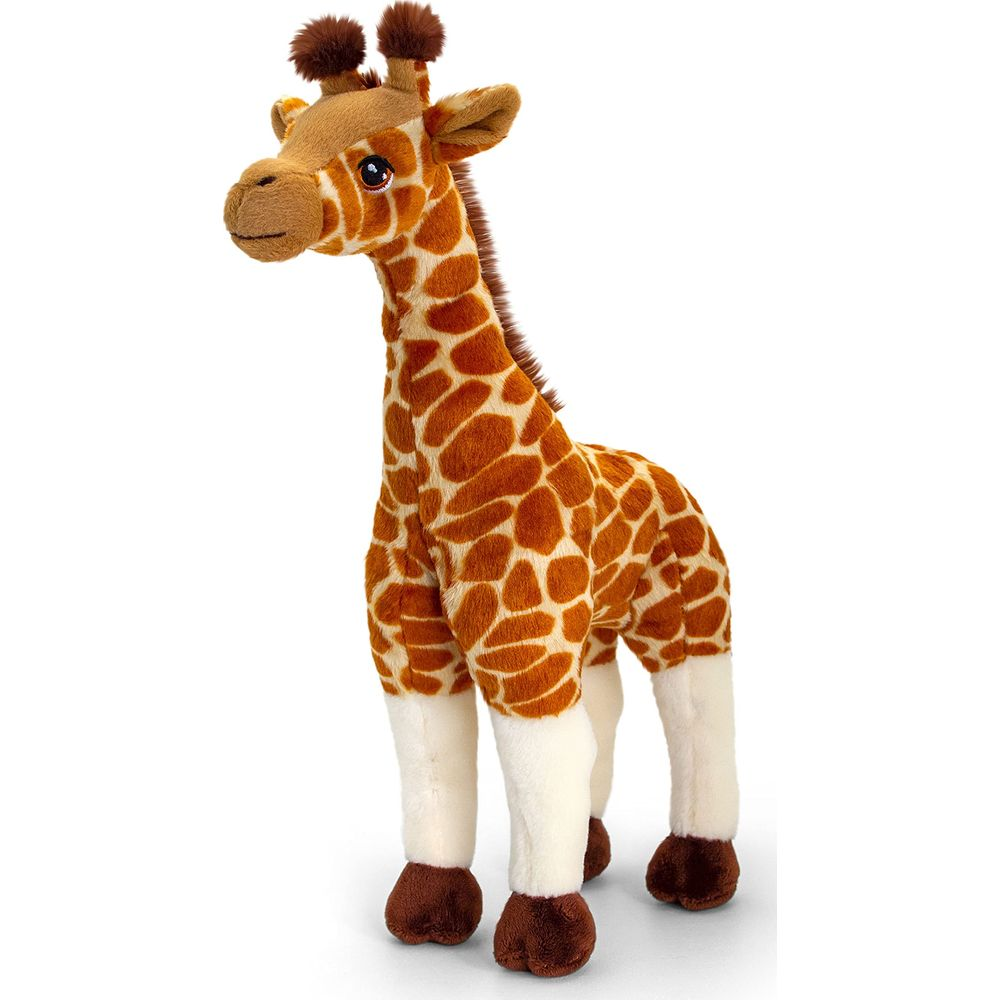 Una giraffa di peluche marrone e bianca con macchie arancioni.