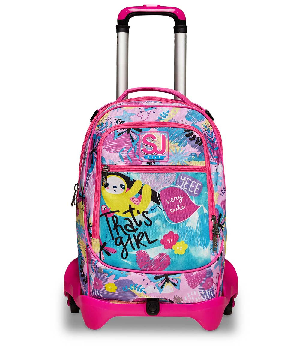 Ein pinker Rollkoffer mit Sloth-Aufdruck und Text 'That's girl'.