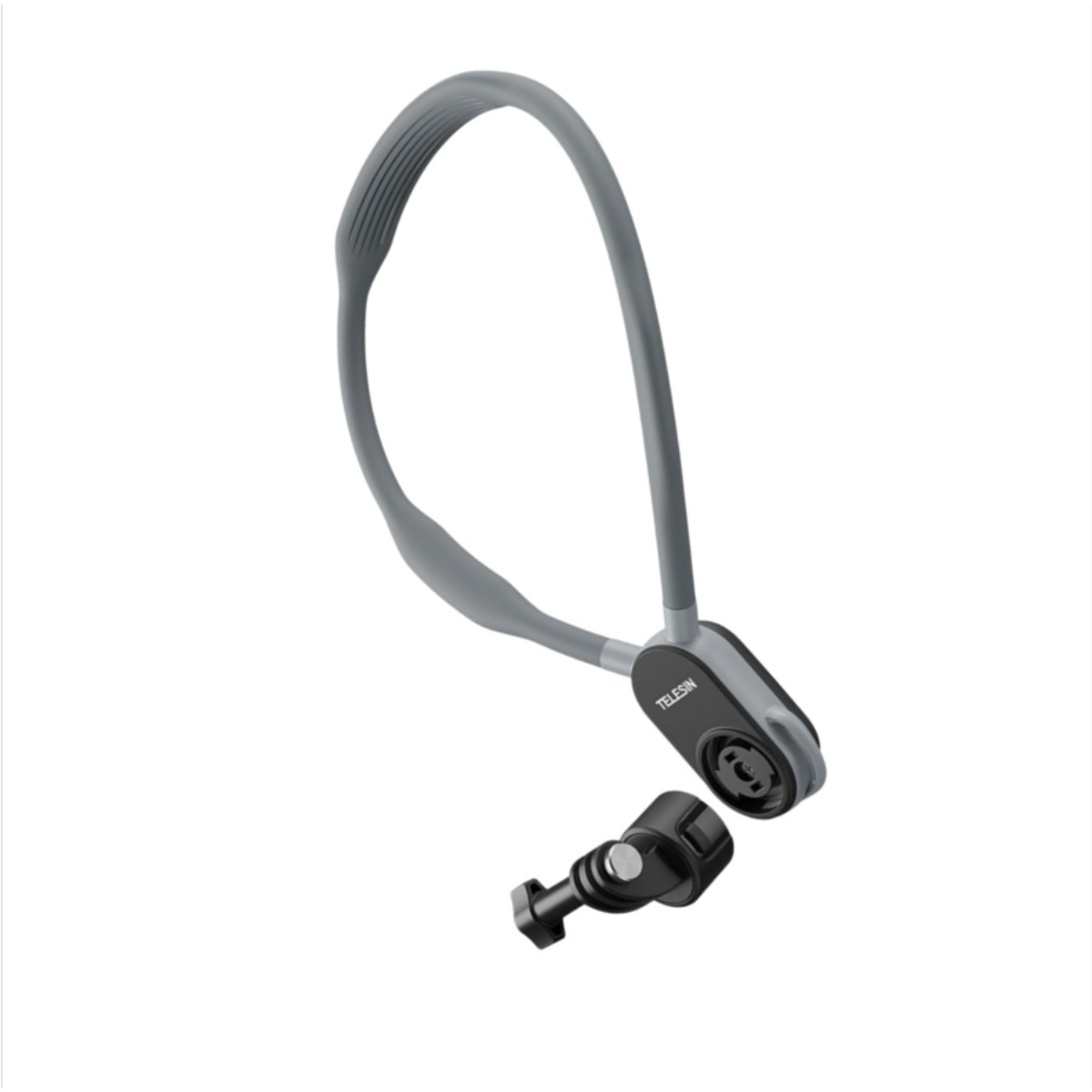 Grauer Nacken-Halterungsbügel mit schwarzem Klick-Adapter und Zubehör