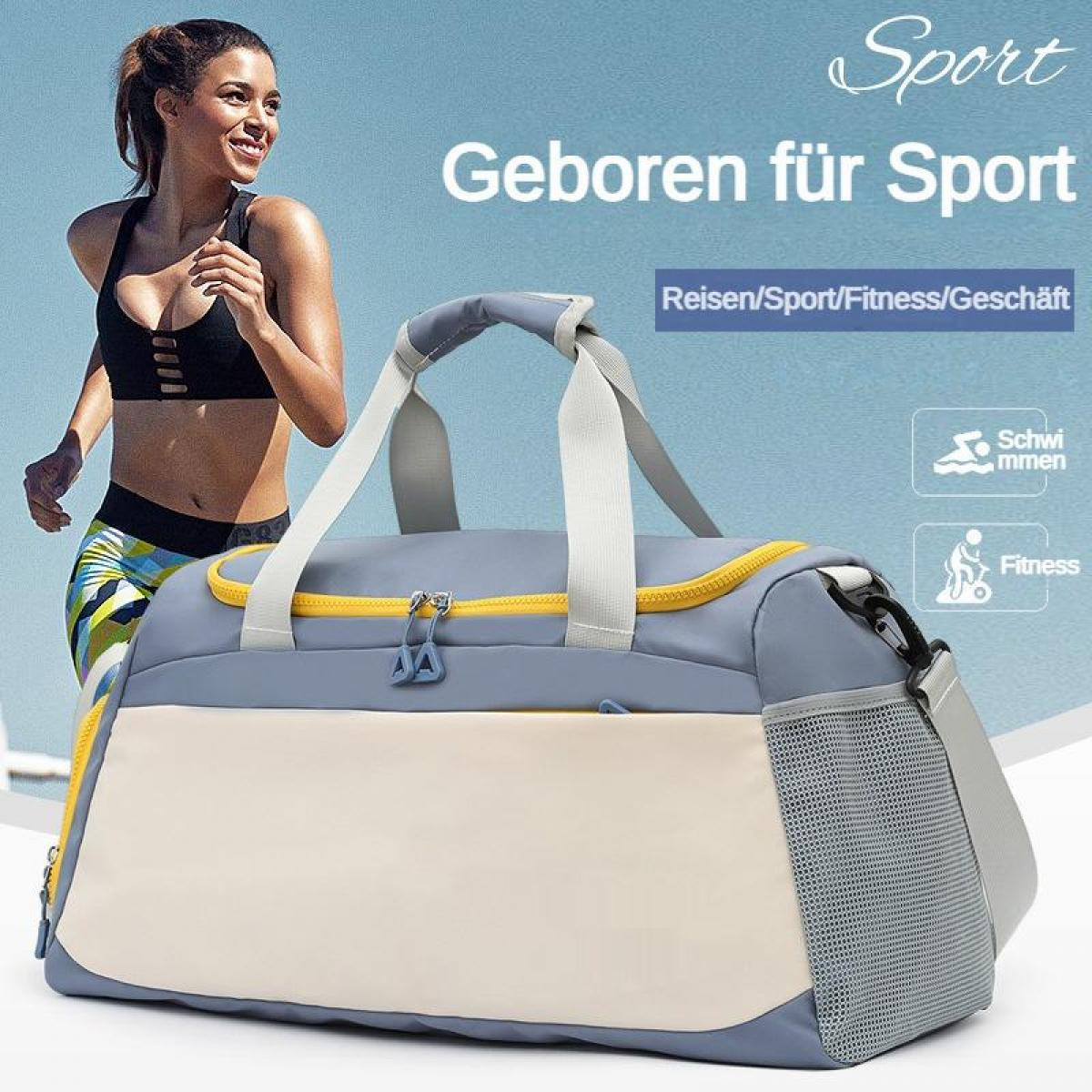 Sporttasche neben lächelnder Läuferin, Text "Geboren für Sport"