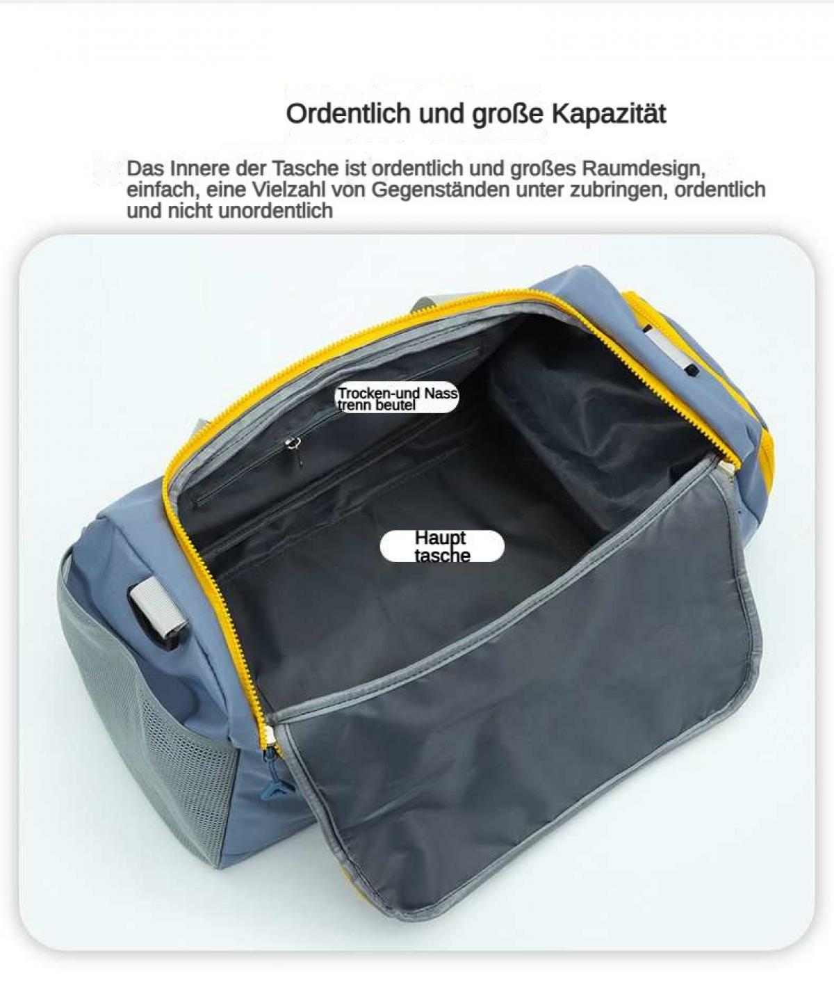 Blaue Tasche mit gelbem Reißverschluss, offen, zeigt Innenfächer.