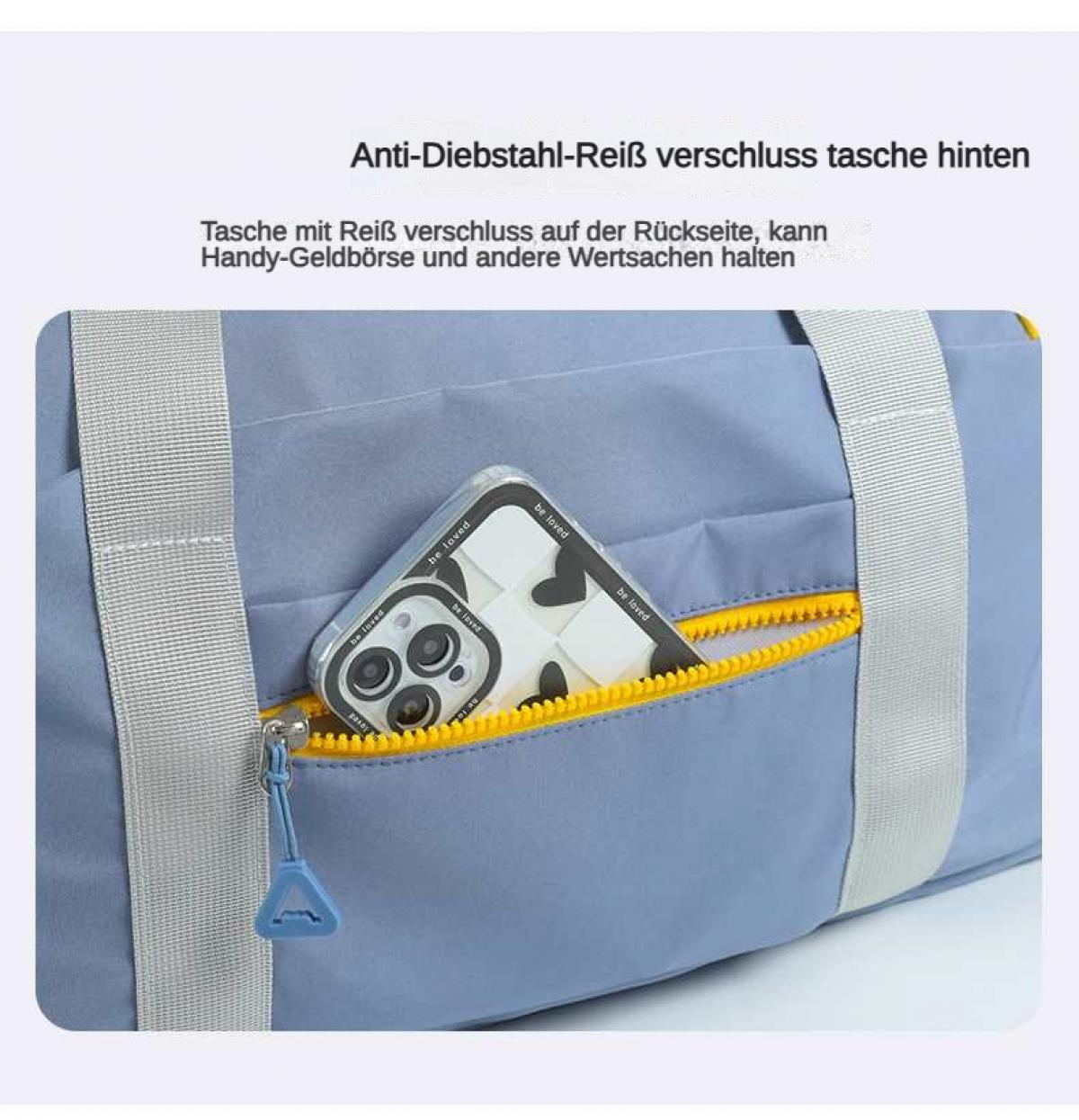 Graue Tasche mit Handyfach auf der Rückseite, Reißverschluss mit gelbem Detail.