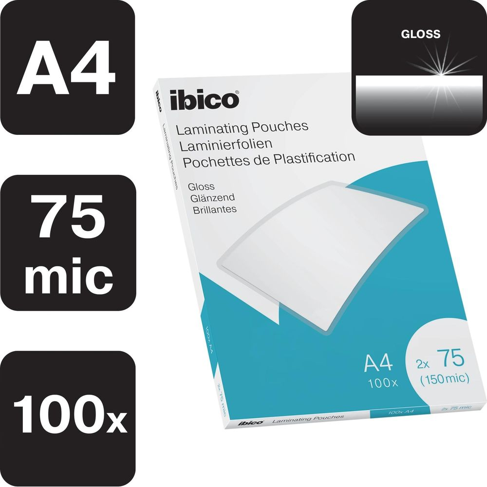 A4 Ibico Laminierfolien, 75 mic, 100 Stk., Gloss, mit Anleitung.