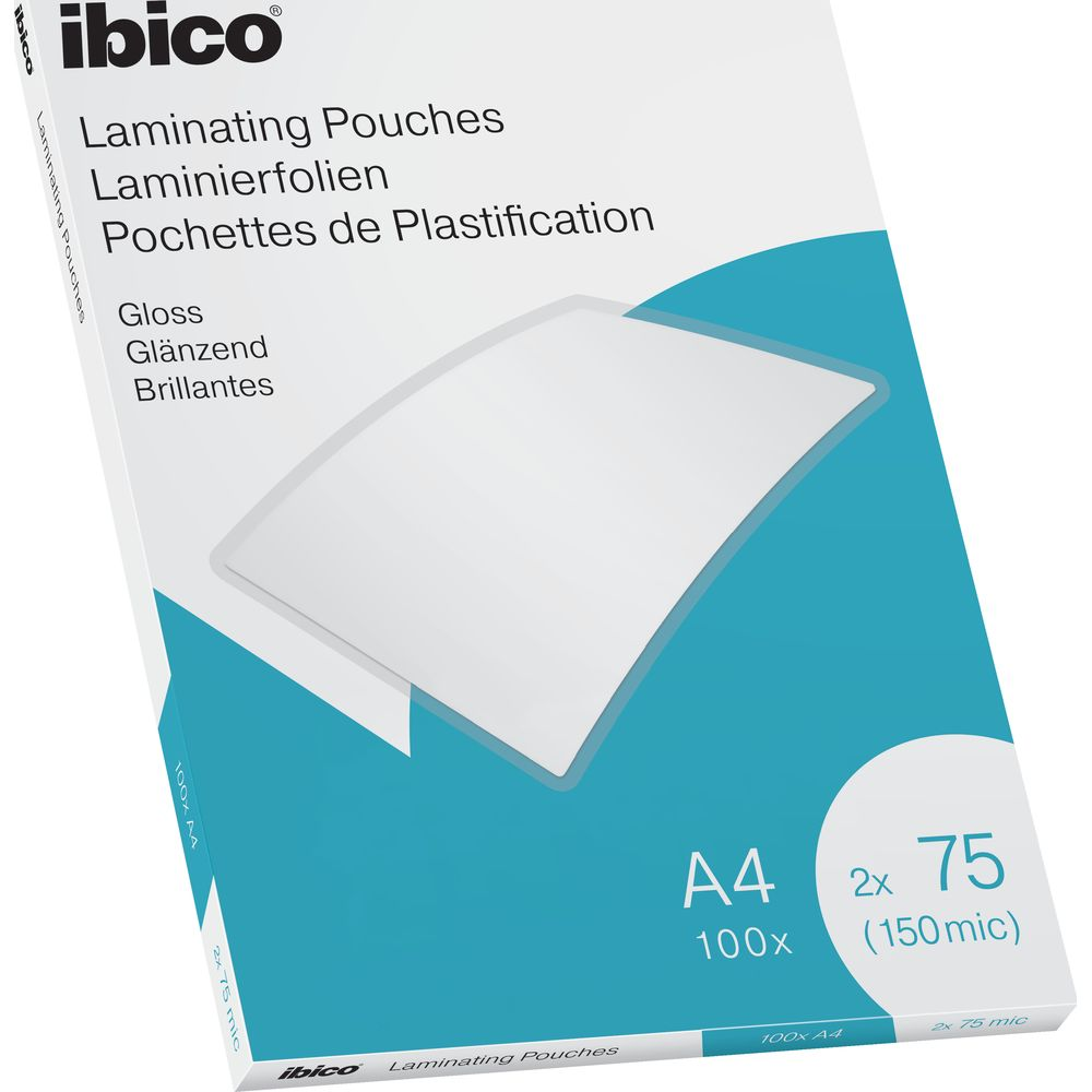 Ibico-Verpackung mit A4-Glanzlaminierfolien, 100 Stück, 75 Mikron.