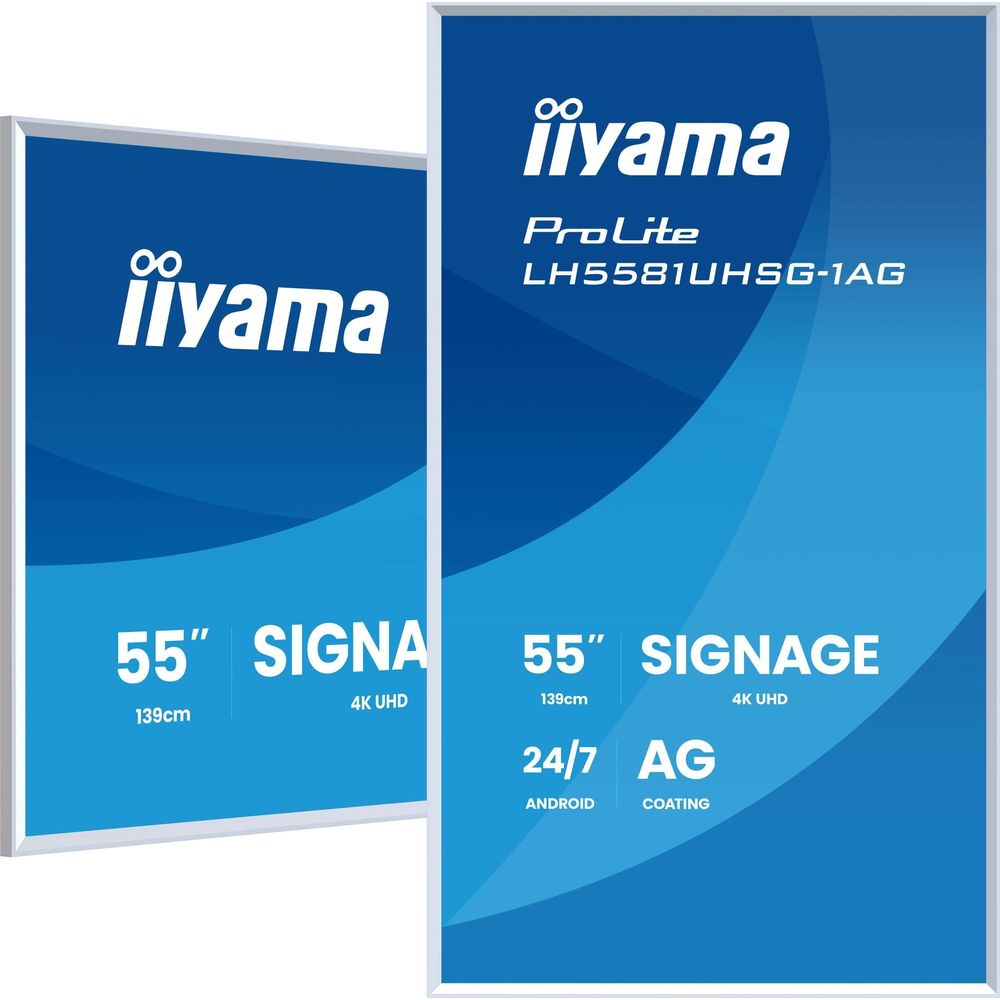 Dwa wyświetlacze Iiyama 55" do digital signage, niebieski wzór.