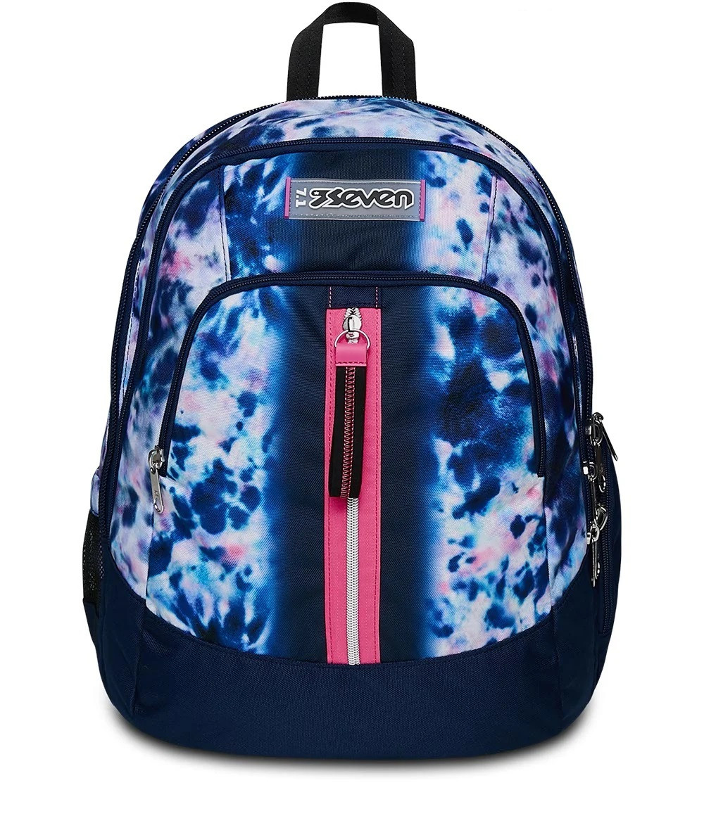 Ein blauer Batik-Rucksack mit rosa Reißverschlussakzenten und marineblauem Boden.