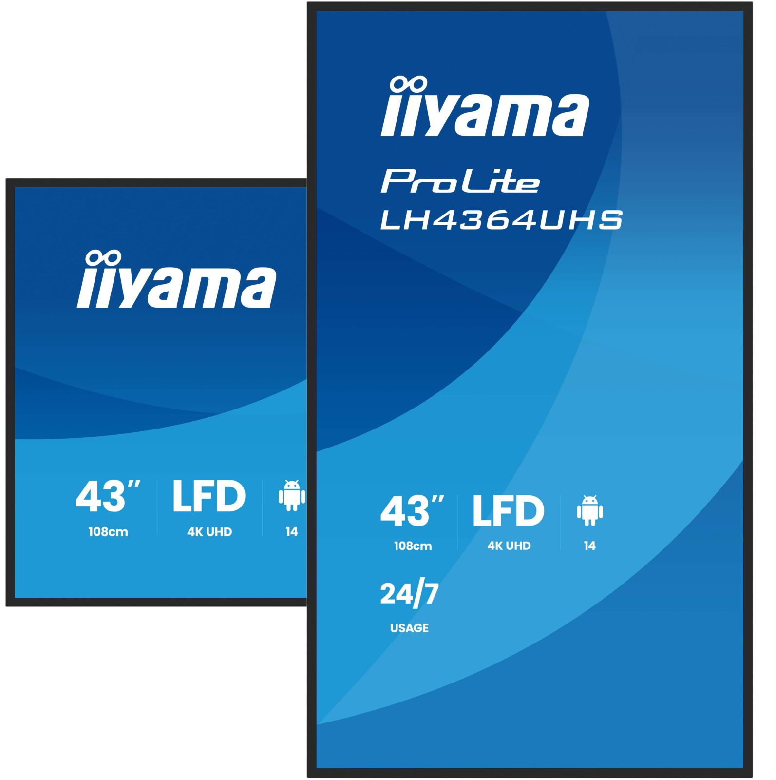 Dwa monitory Iiyama: Po lewej 43" LFD, po prawej ProLite LH4364UHS.