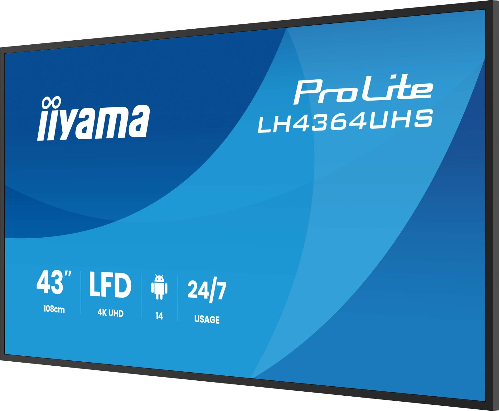 Wyświetlacz Iiyama ProLite LH4364UHS: 43" LFD, 108cm, 4K UHD, Android 14, użycie 24/7.