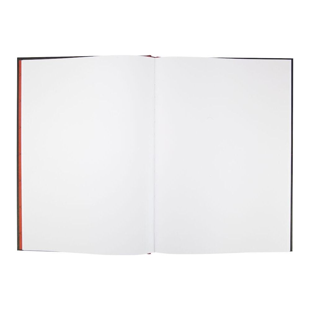 Ein offenes Notizbuch mit leeren weißen Seiten und schwarzem Einband.
