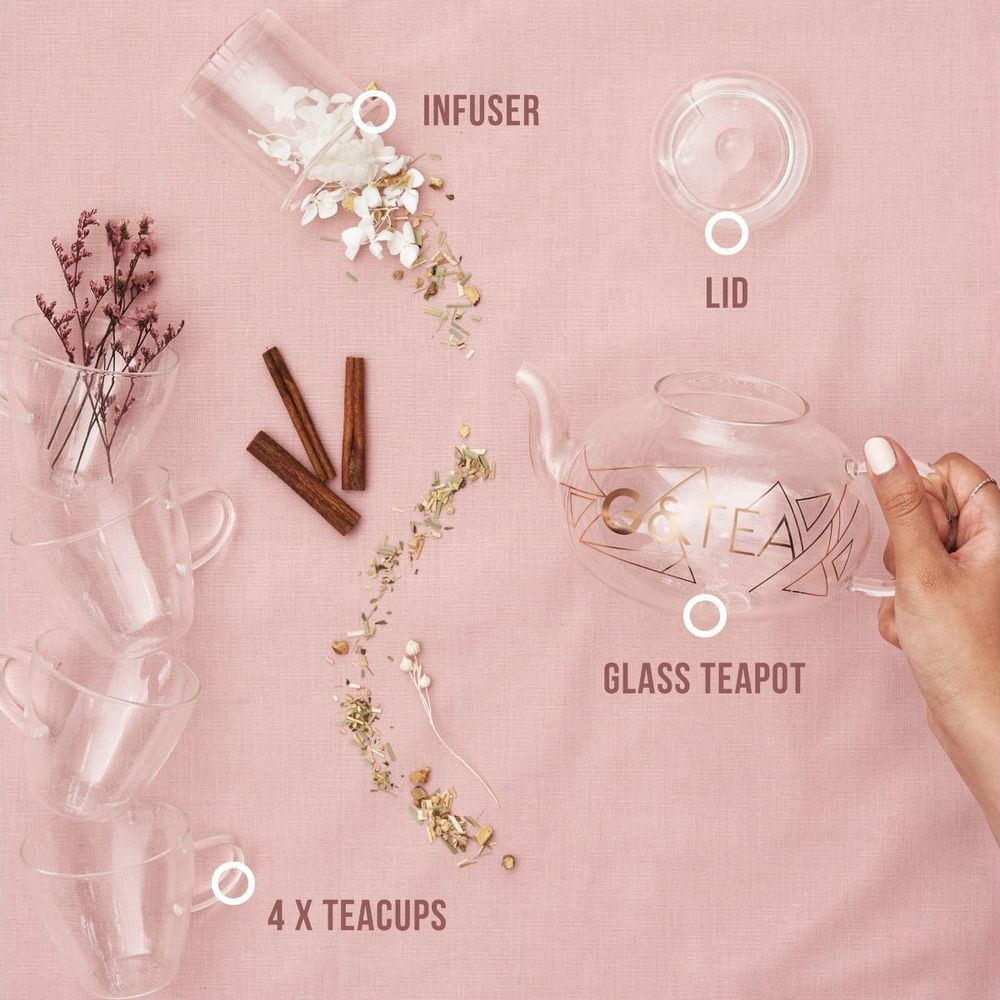 Glas-Teekanne mit Zubehör: Infuser, Deckel, 4 Tassen, Zimt und Kräuter.