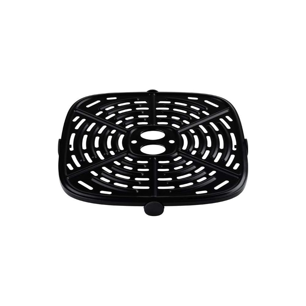 Panier rond noir pour friteuse à air chaud avec de nombreux trous et une poignée.