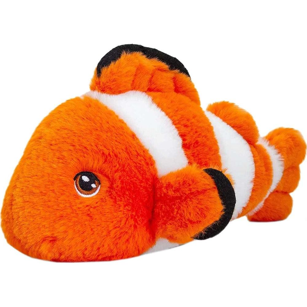 Une peluche poisson-clown orange et blanc sur fond blanc.