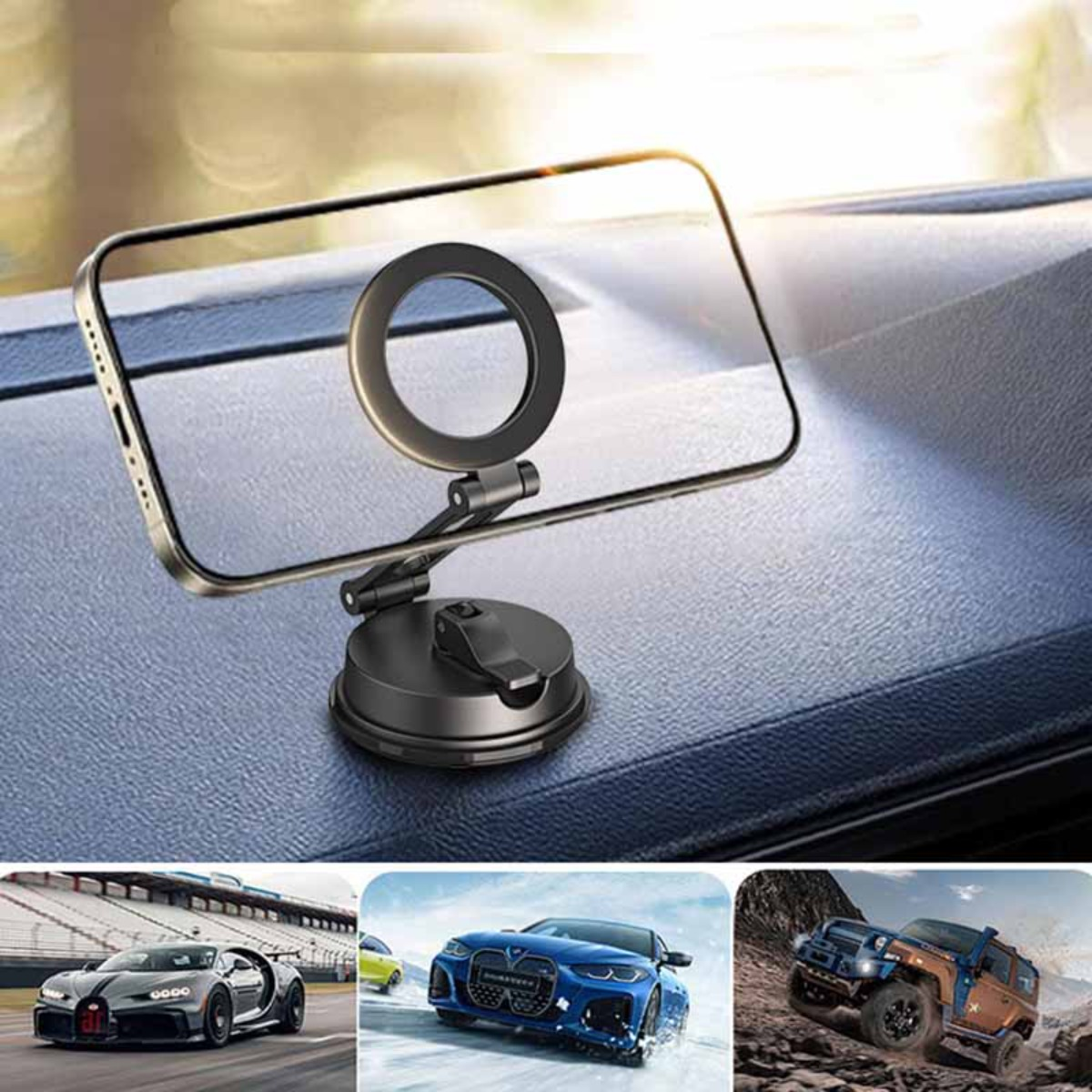 Uchwyt na telefon na desce rozdzielczej z trzema samochodami poniżej: Bugatti, BMW, Jeep.