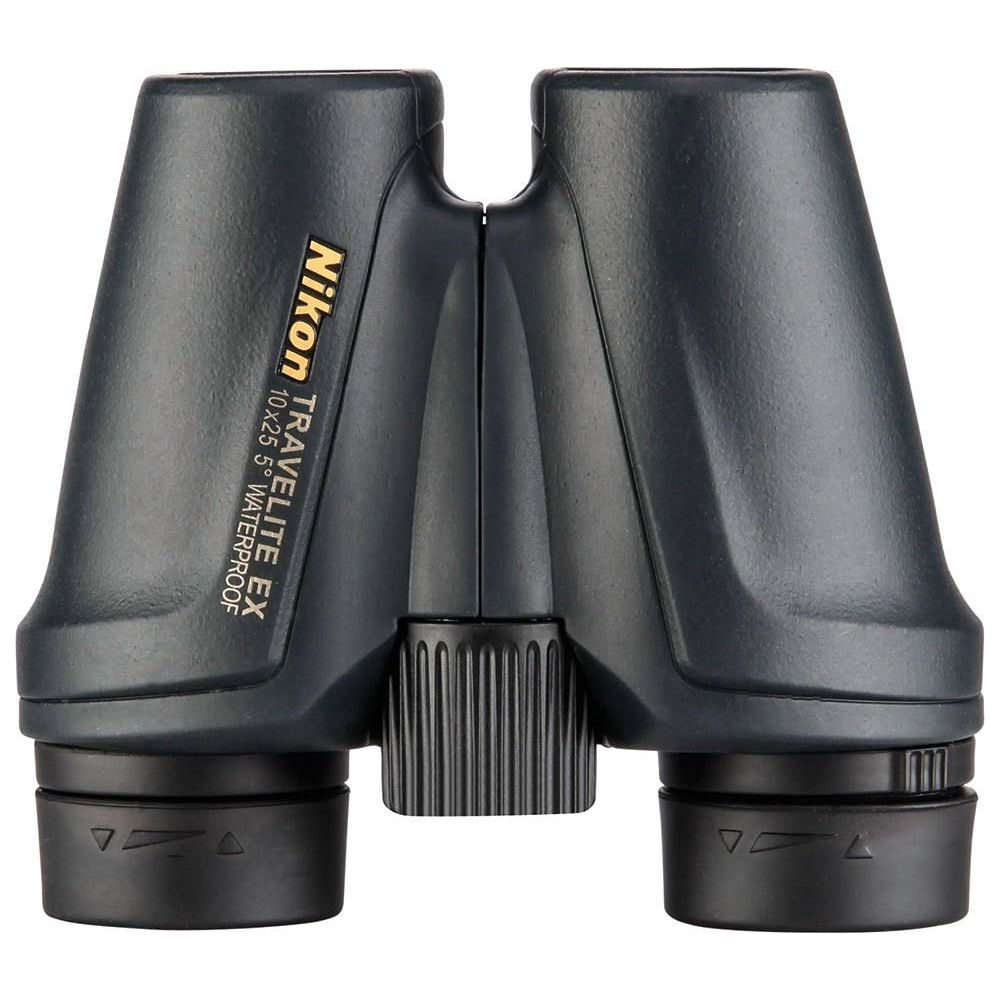 Dunkelgraue Nikon Travelite EX 10x25 5° wasserdichte Ferngläser mit Fokussierrad.