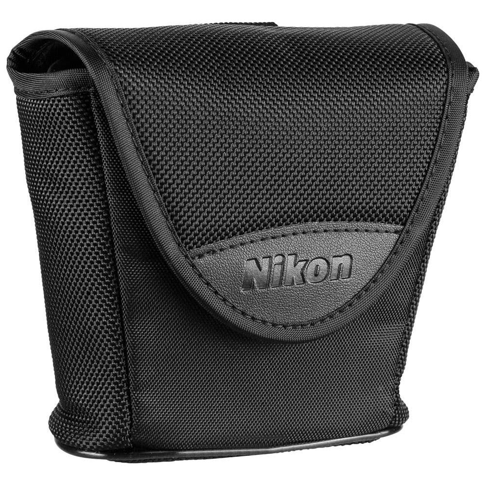 Schwarze Nikon-Tasche mit Lederdetail auf der Vorderseite.