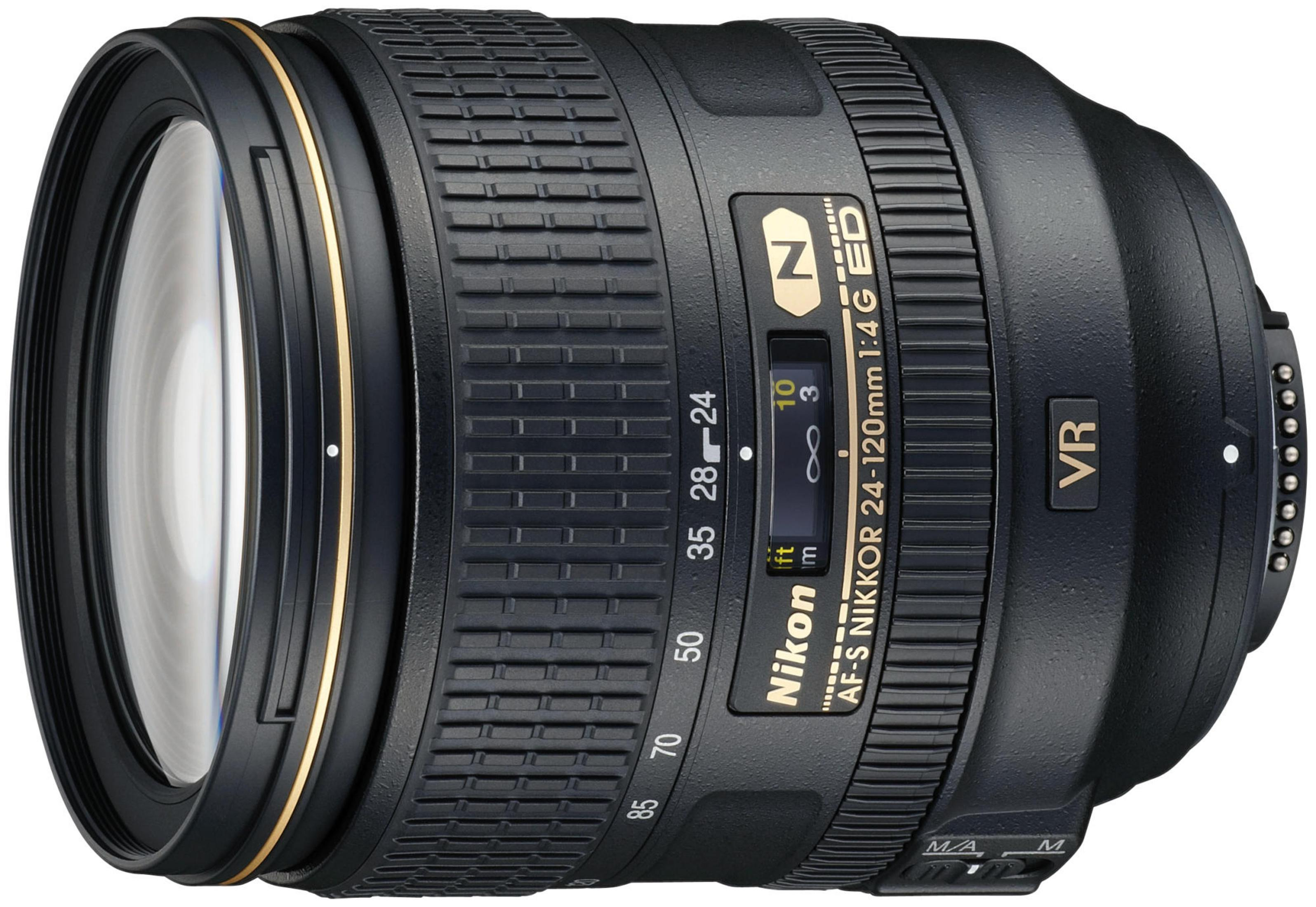 Un objetivo Nikon AF-S NIKKOR 24-120mm 1:4G ED VR negro con detalles dorados.