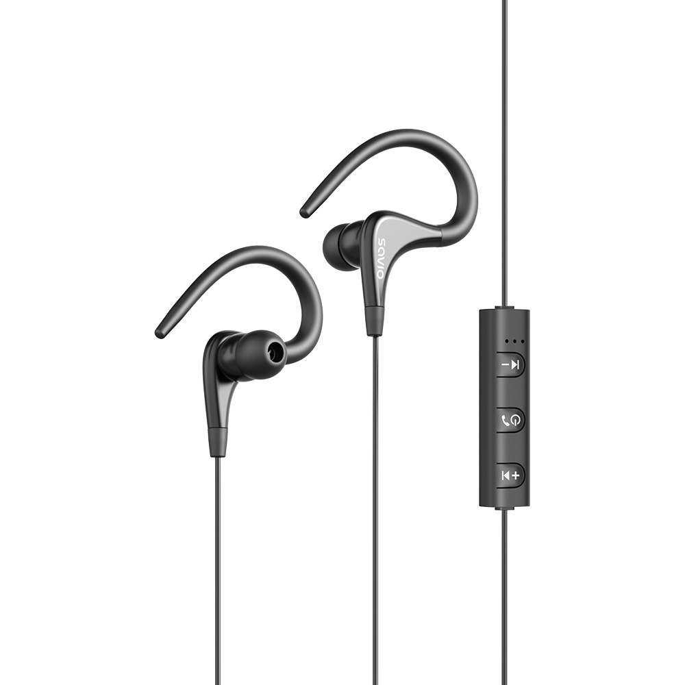 Czarne słuchawki douszne z zaczepami na uszy i pilotem.