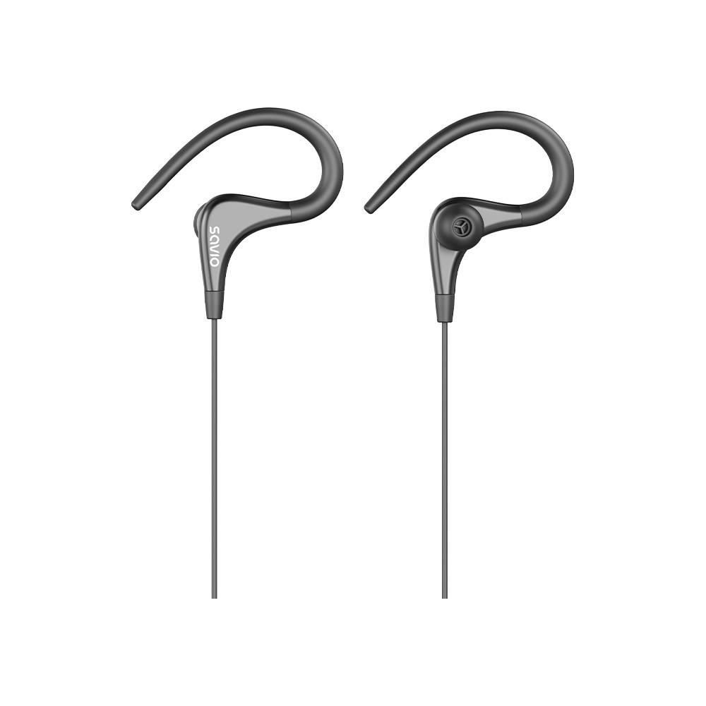 Dwa czarne słuchawki sportowe z zaczepami na uszy i szarymi przewodami na białym tle.