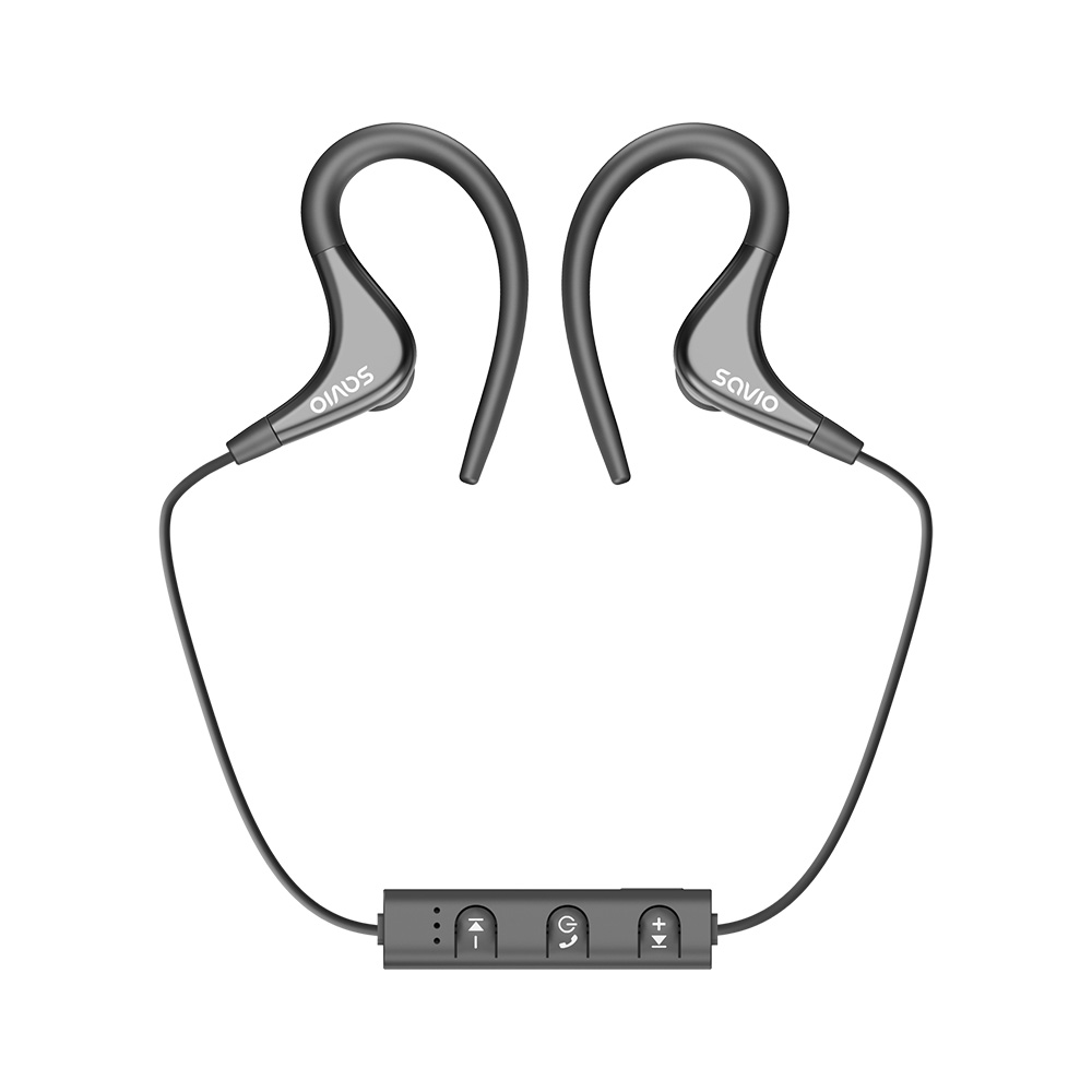 Szare słuchawki douszne z pałąkami na uszy i pilotem z przyciskami.