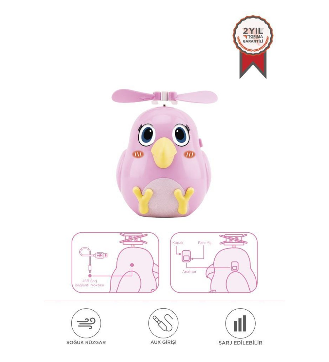 Pervaneli, USB girişli, anahtarlı ve garanti amblemli pembe kuş şeklinde vantilatör.