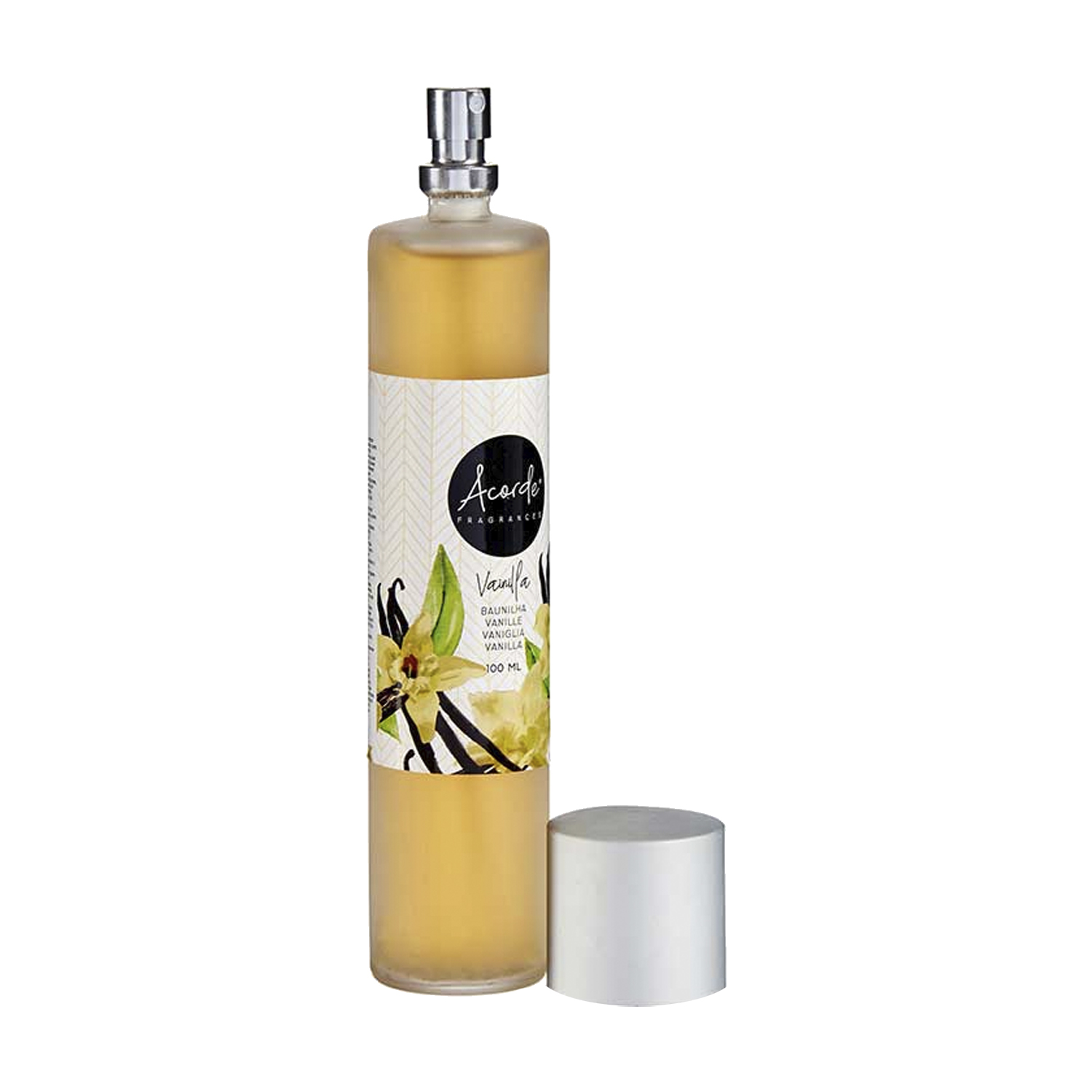 Un líquido dorado en un frasco rociador con etiqueta de flor de vainilla y tapa plateada al lado.