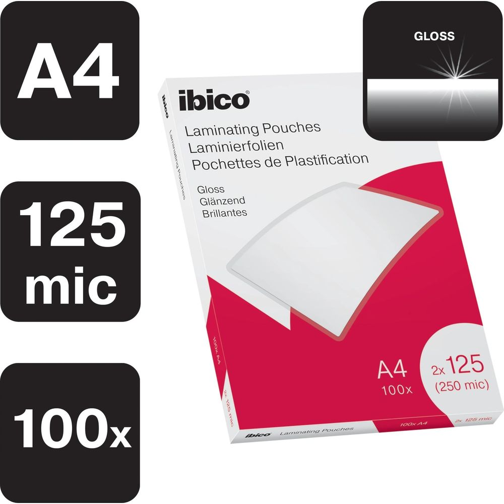 Ibico A4 125 mic Glanz-Laminierfolien, 100 Stück.