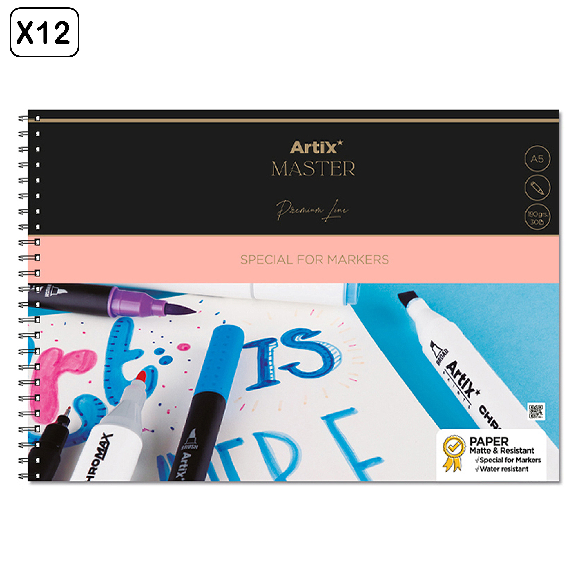 Cuaderno Artix Master con marcadores y letras coloridas en una página.